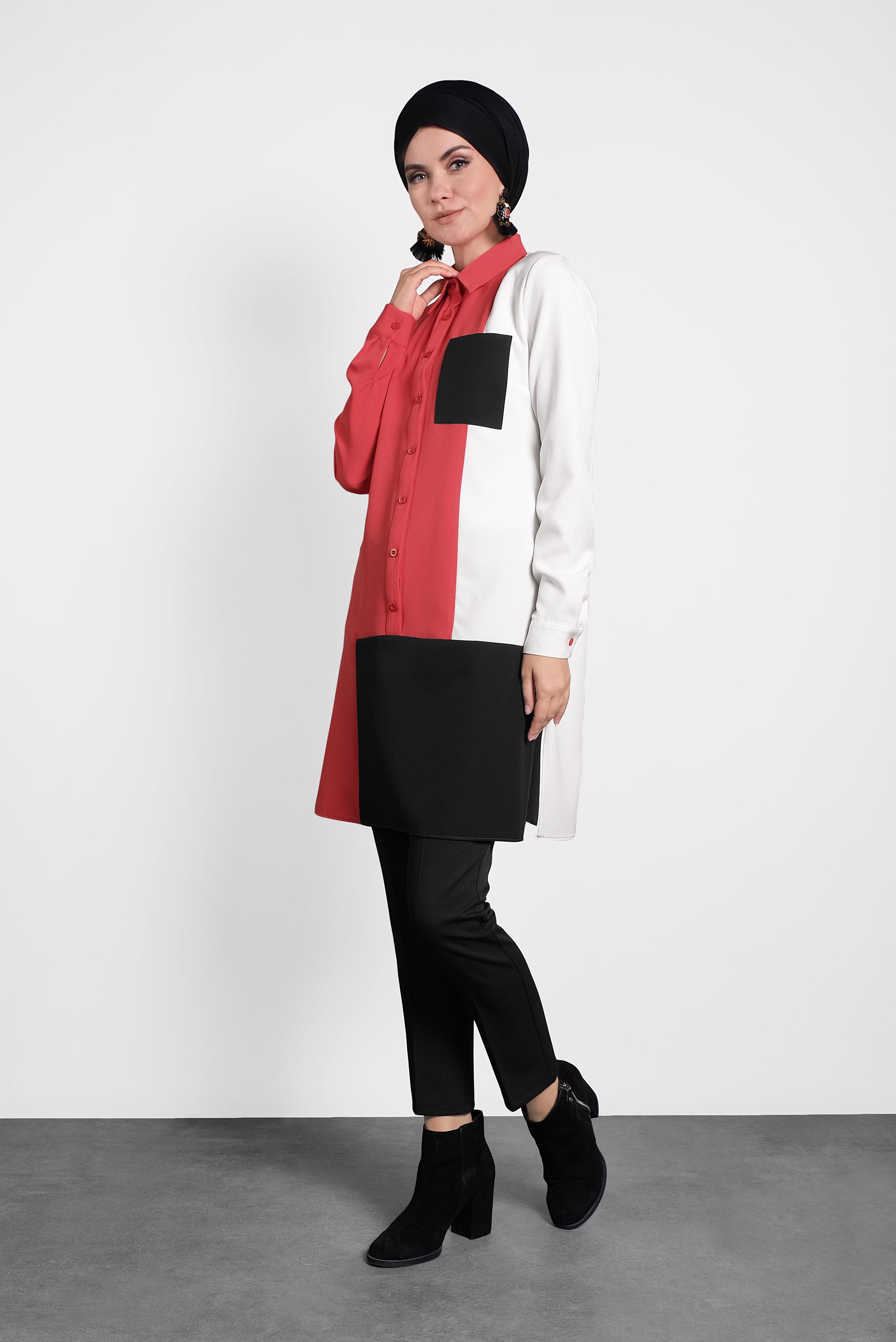 Tesettür giyim KIRMIZI DÜĞMELİ CEPLİ TUNİK 40148 