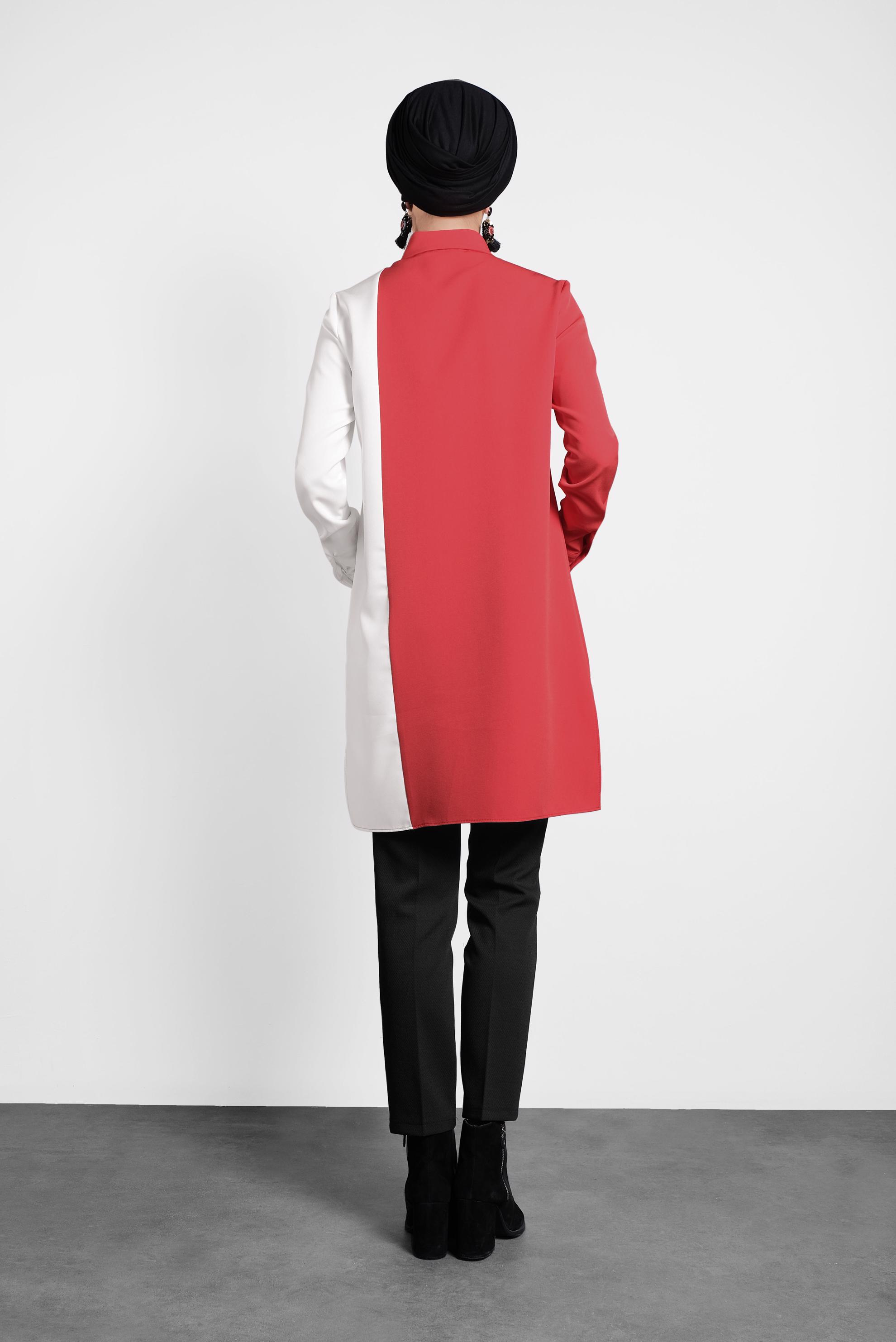 Tesettür giyim KIRMIZI DÜĞMELİ CEPLİ TUNİK 40148 