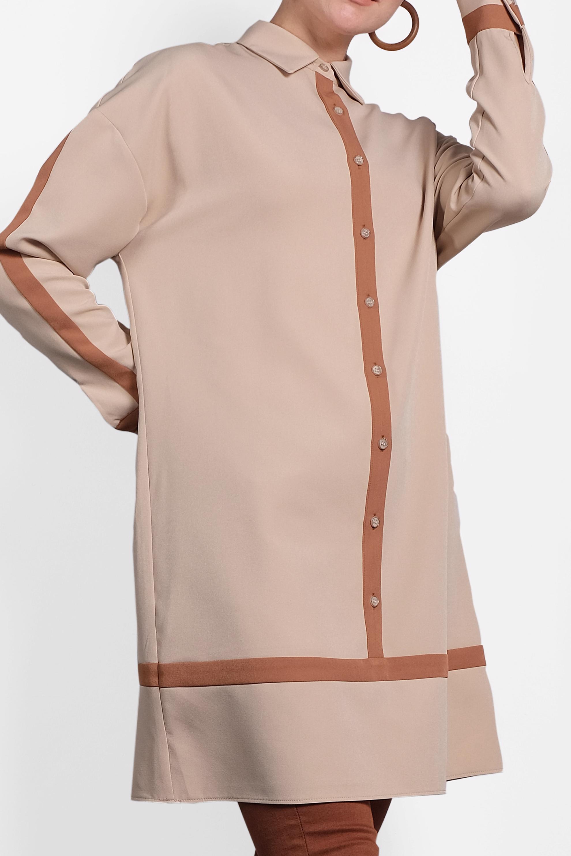 Tesettür giyim BEJ ŞERİT DETAYLI DÜĞMELİ TUNİK 40150
