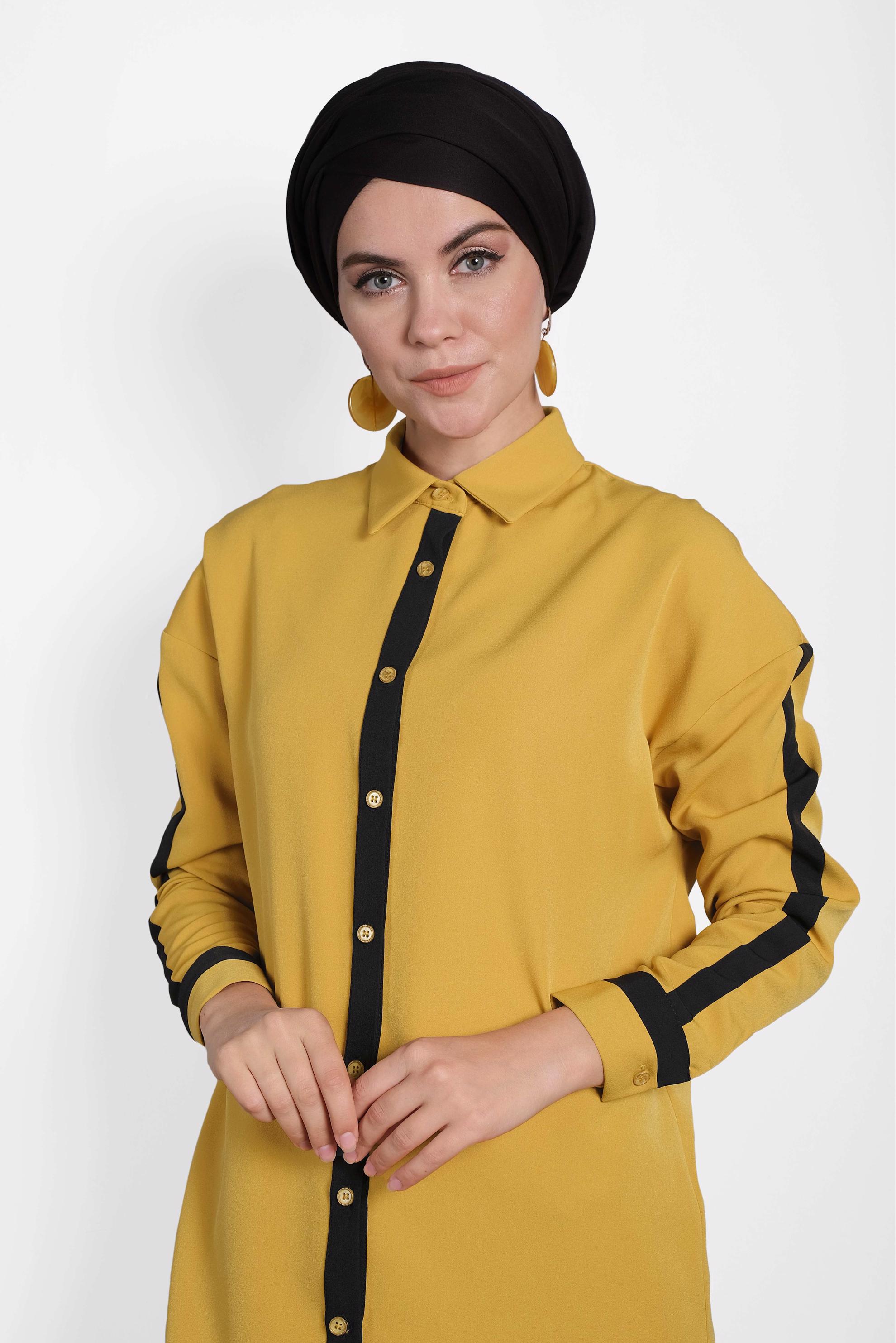 Tesettür giyim SARI ŞERİT DETAYLI DÜĞMELİ TUNİK 40150