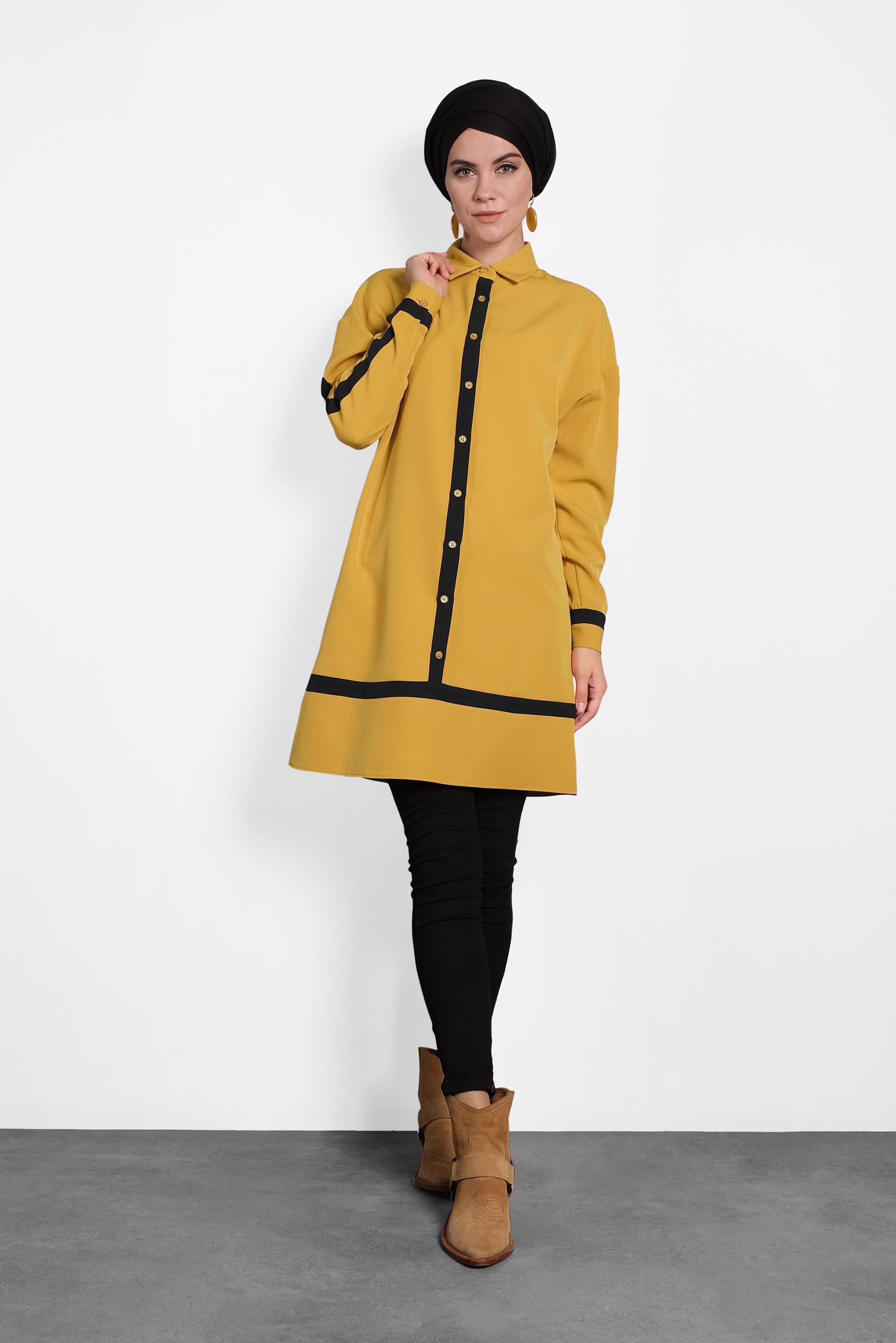 Tesettür giyim SARI ŞERİT DETAYLI DÜĞMELİ TUNİK 40150