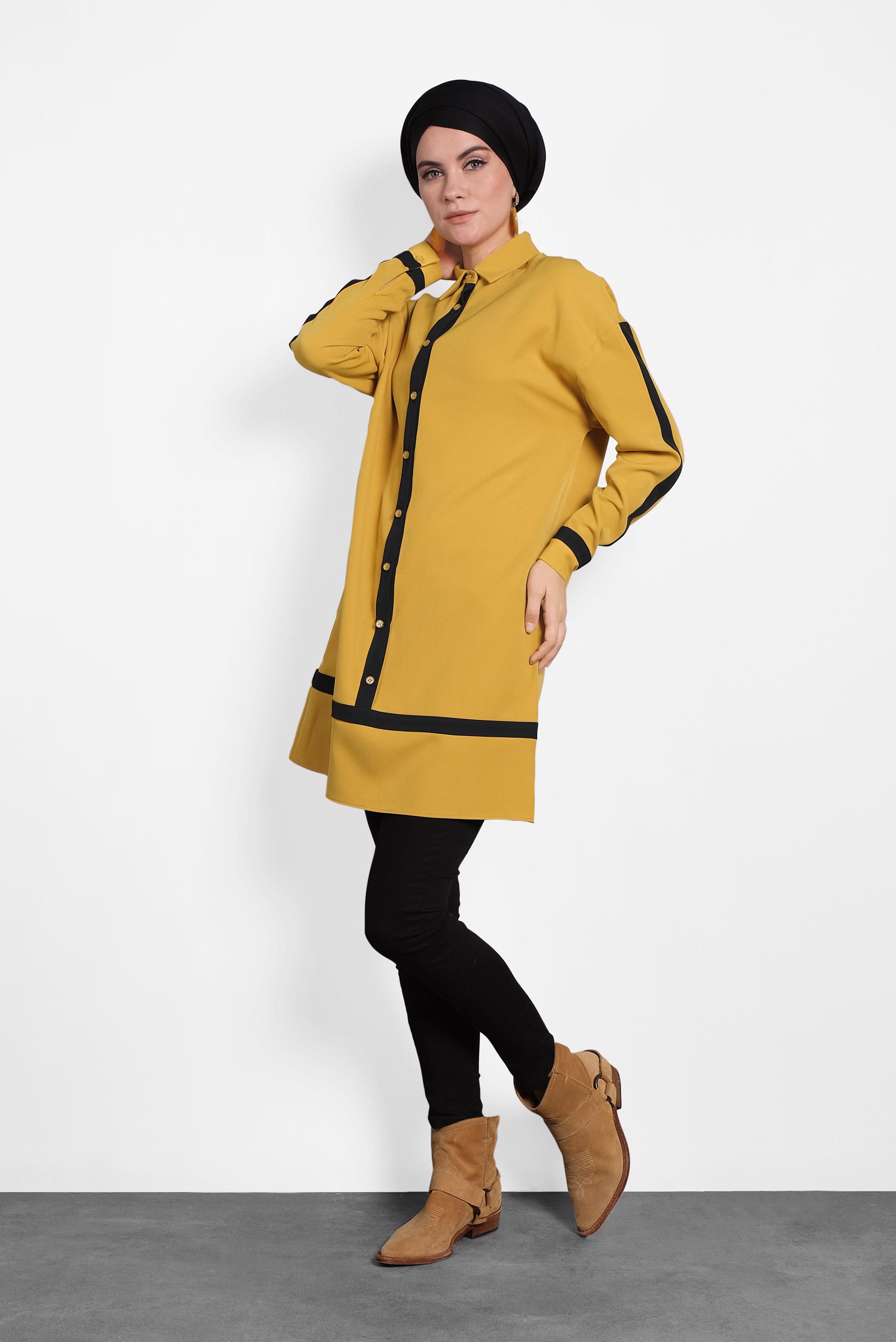 Tesettür giyim SARI ŞERİT DETAYLI DÜĞMELİ TUNİK 40150