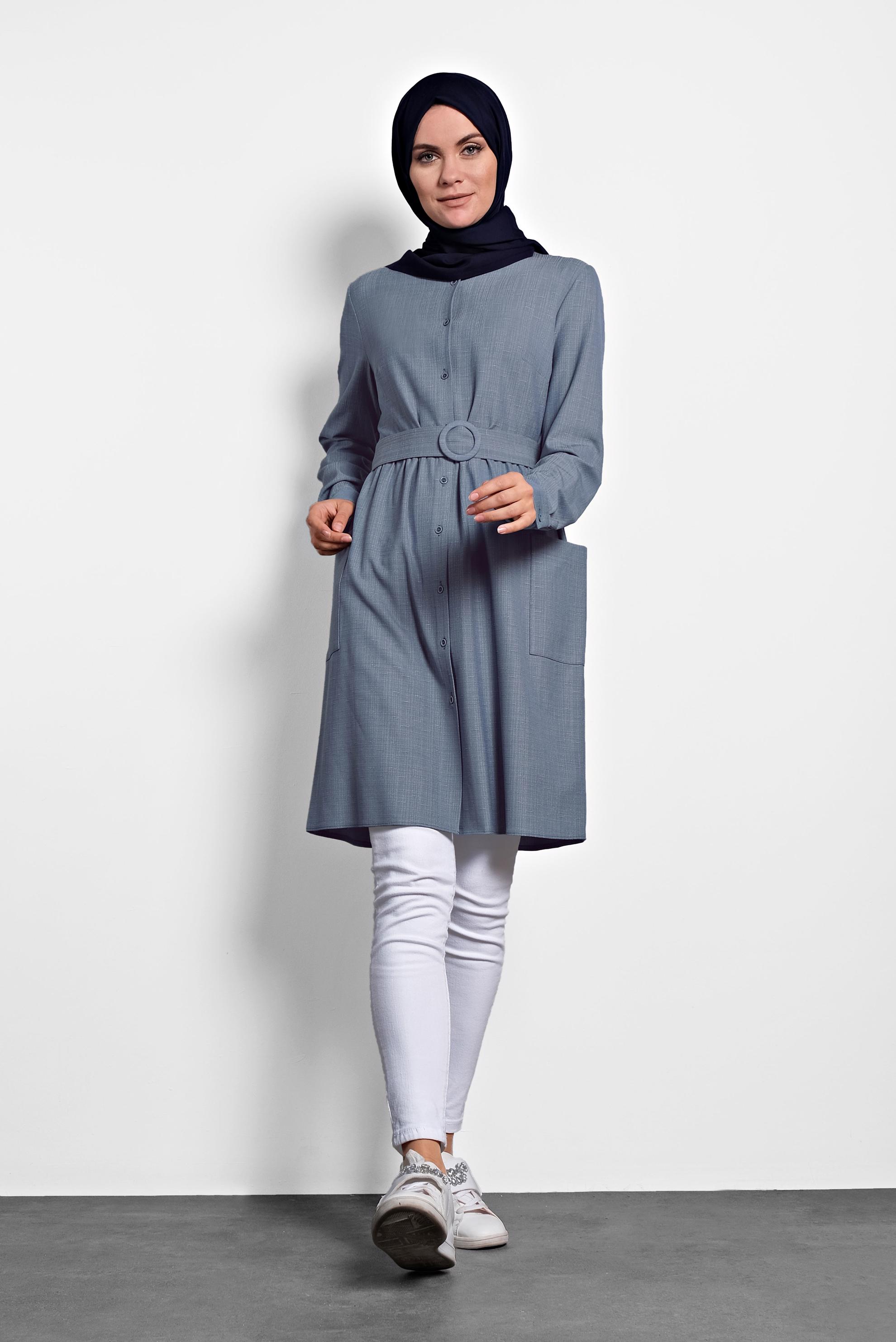 Tesettür giyim MAVİ KEMERLİ TUNİK 40152 
