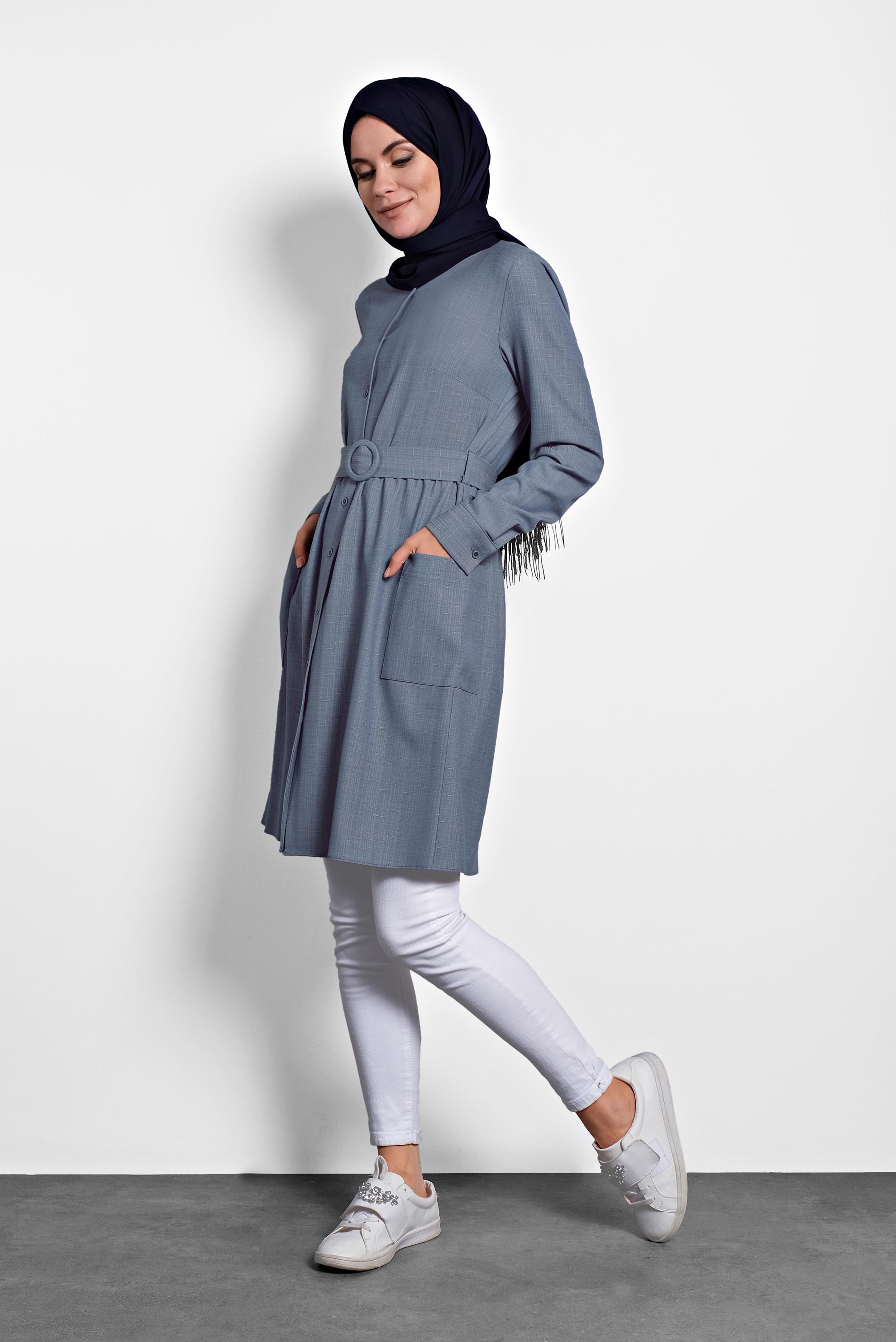 Tesettür giyim MAVİ KEMERLİ TUNİK 40152 