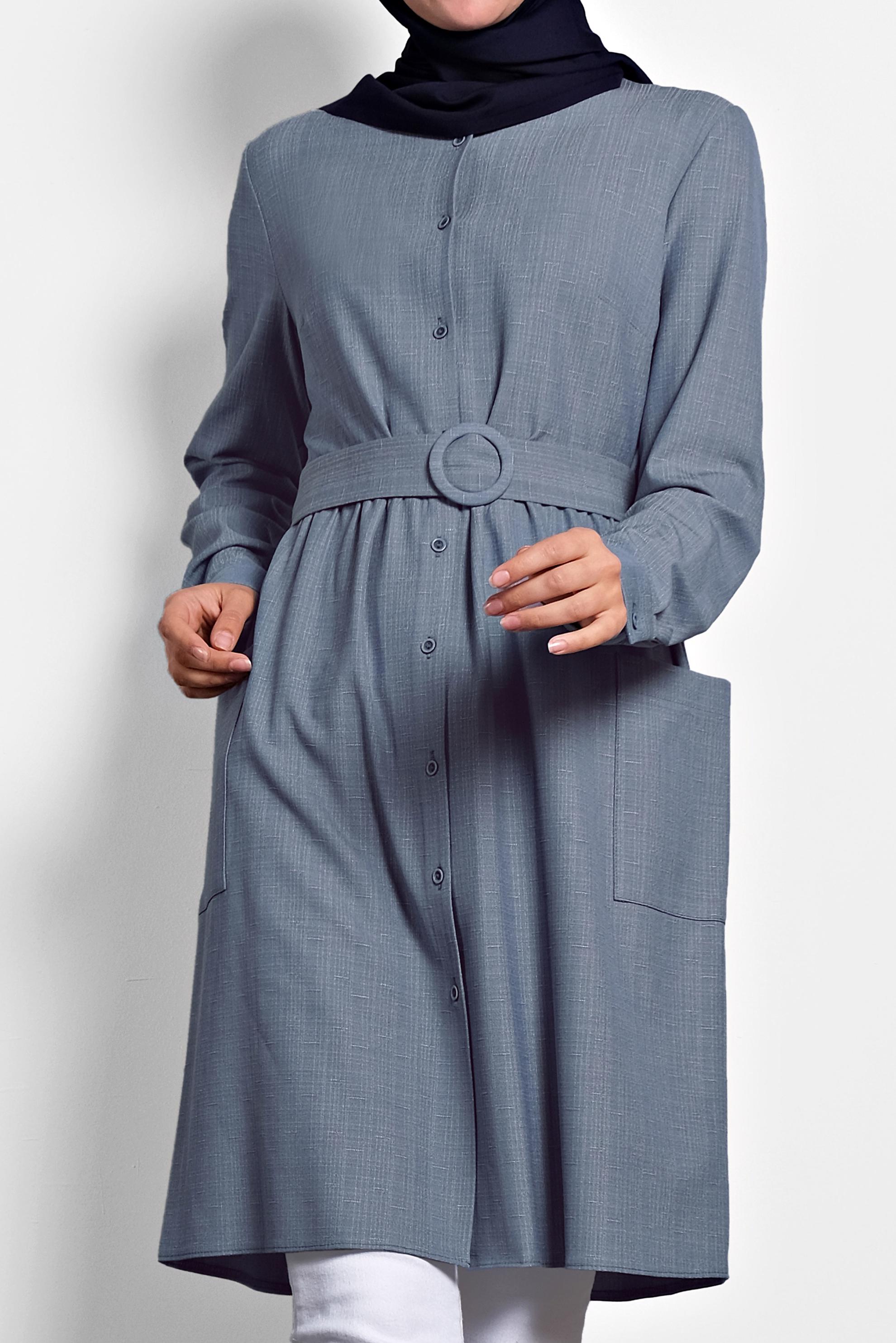 Tesettür giyim MAVİ KEMERLİ TUNİK 40152 