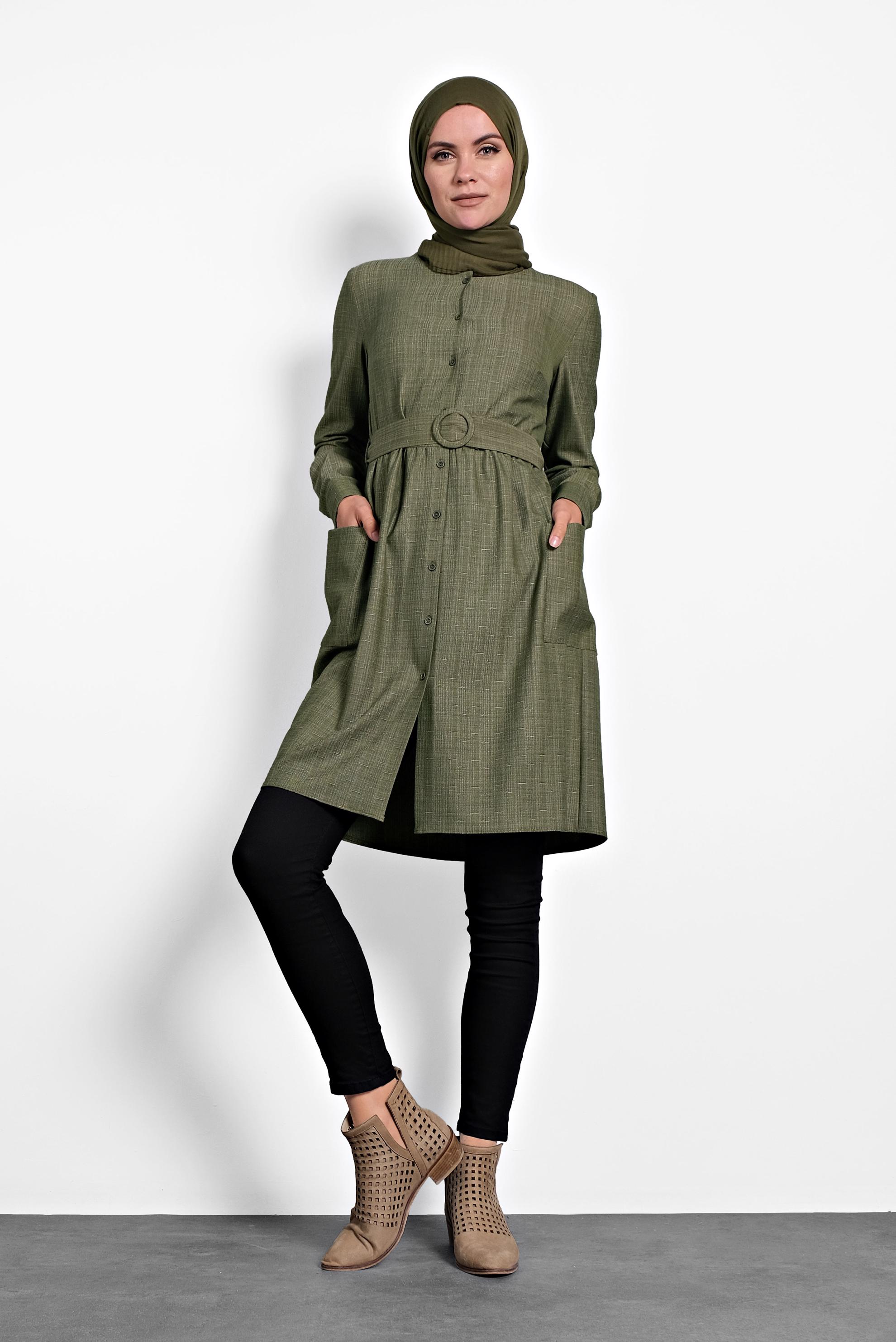 Tesettür giyim HAKİ KEMERLİ TUNİK 40152 