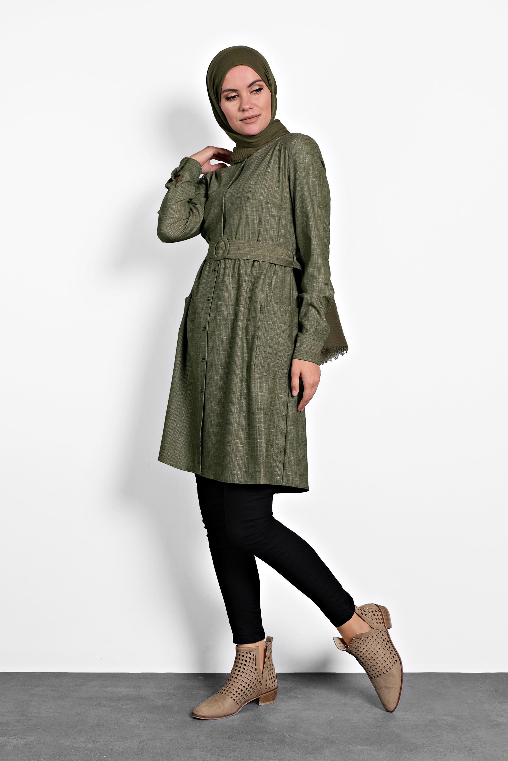 Tesettür giyim HAKİ KEMERLİ TUNİK 40152 