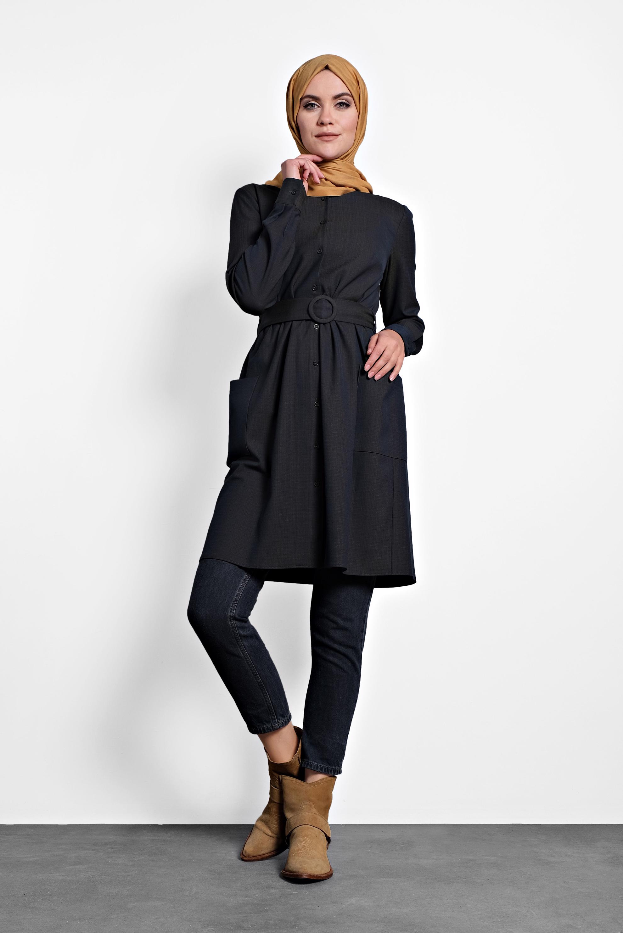 Tesettür giyim LACİVERT KEMERLİ TUNİK 40152 
