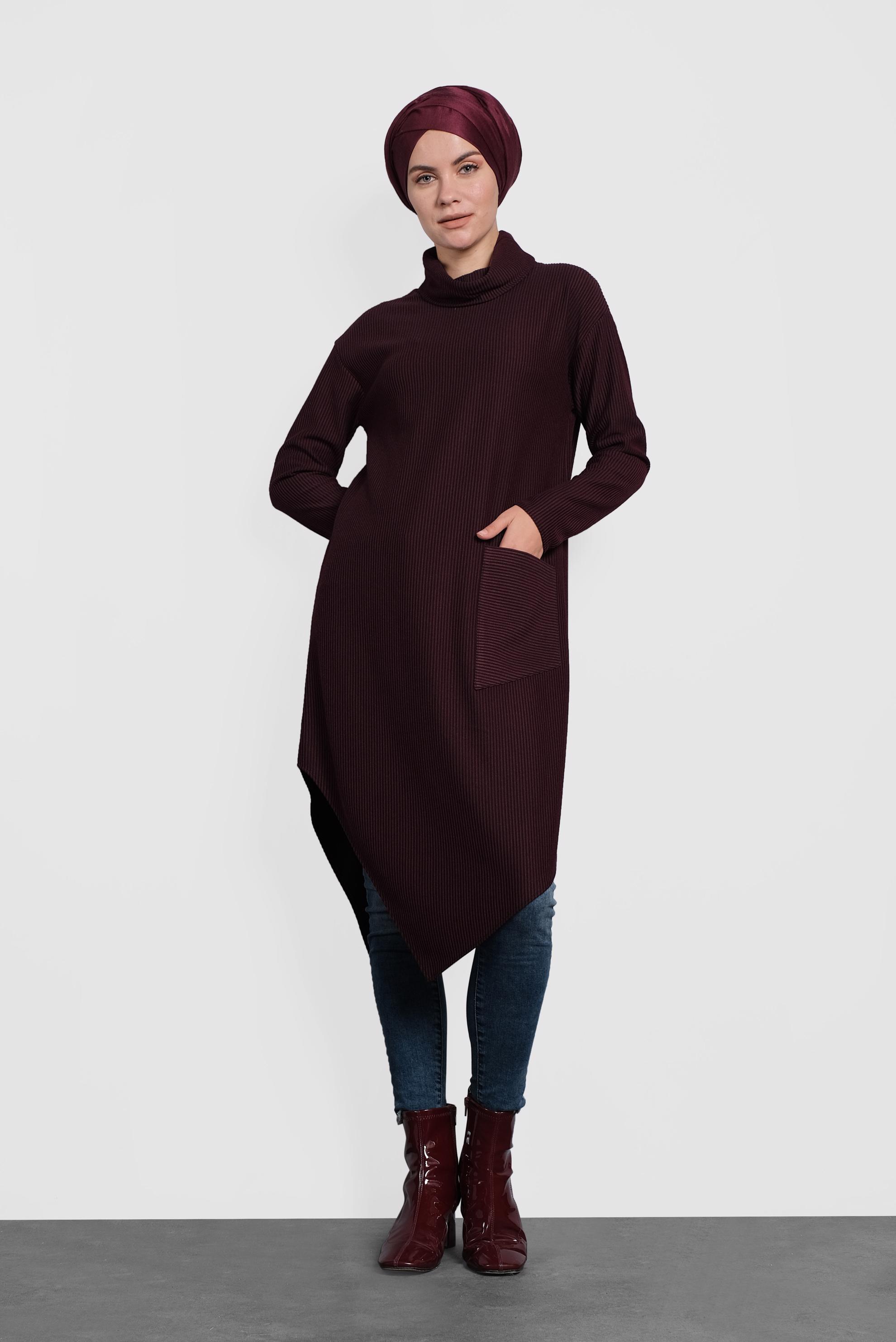 Tesettür giyim BORDO ASİMETRİK KESİM ÇİZGİLİ TUNİK 40165