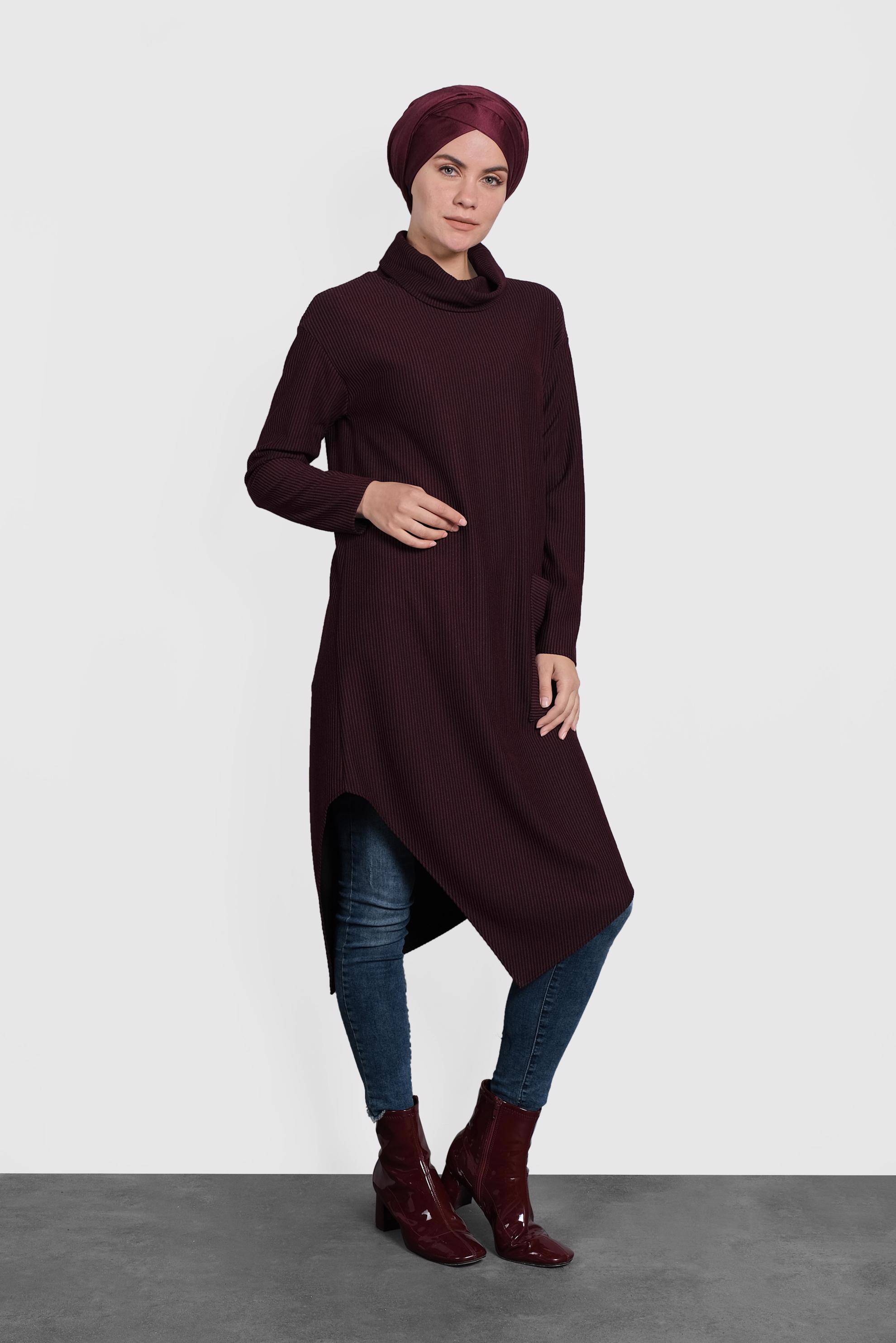 Tesettür giyim BORDO ASİMETRİK KESİM ÇİZGİLİ TUNİK 40165