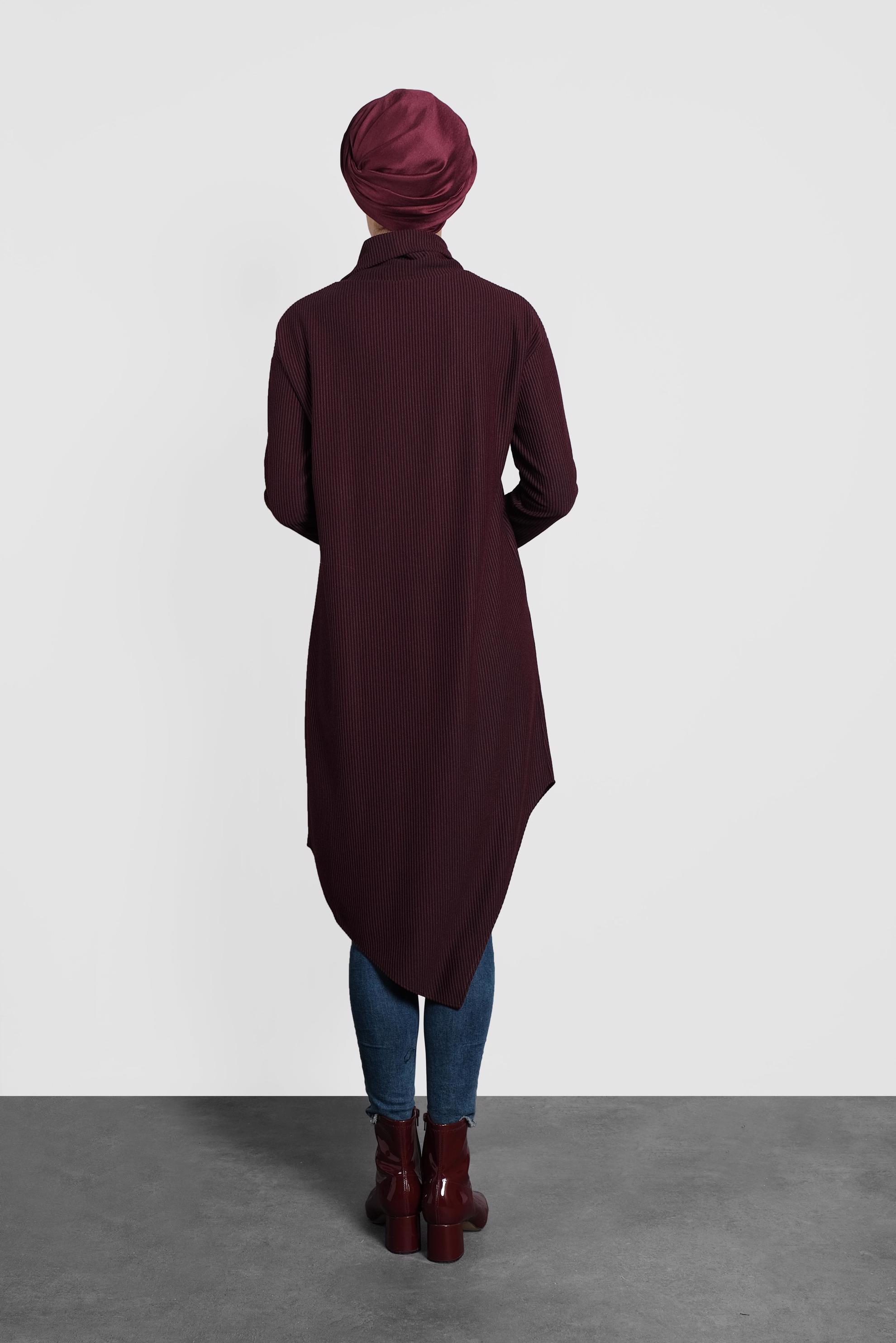 Tesettür giyim BORDO ASİMETRİK KESİM ÇİZGİLİ TUNİK 40165