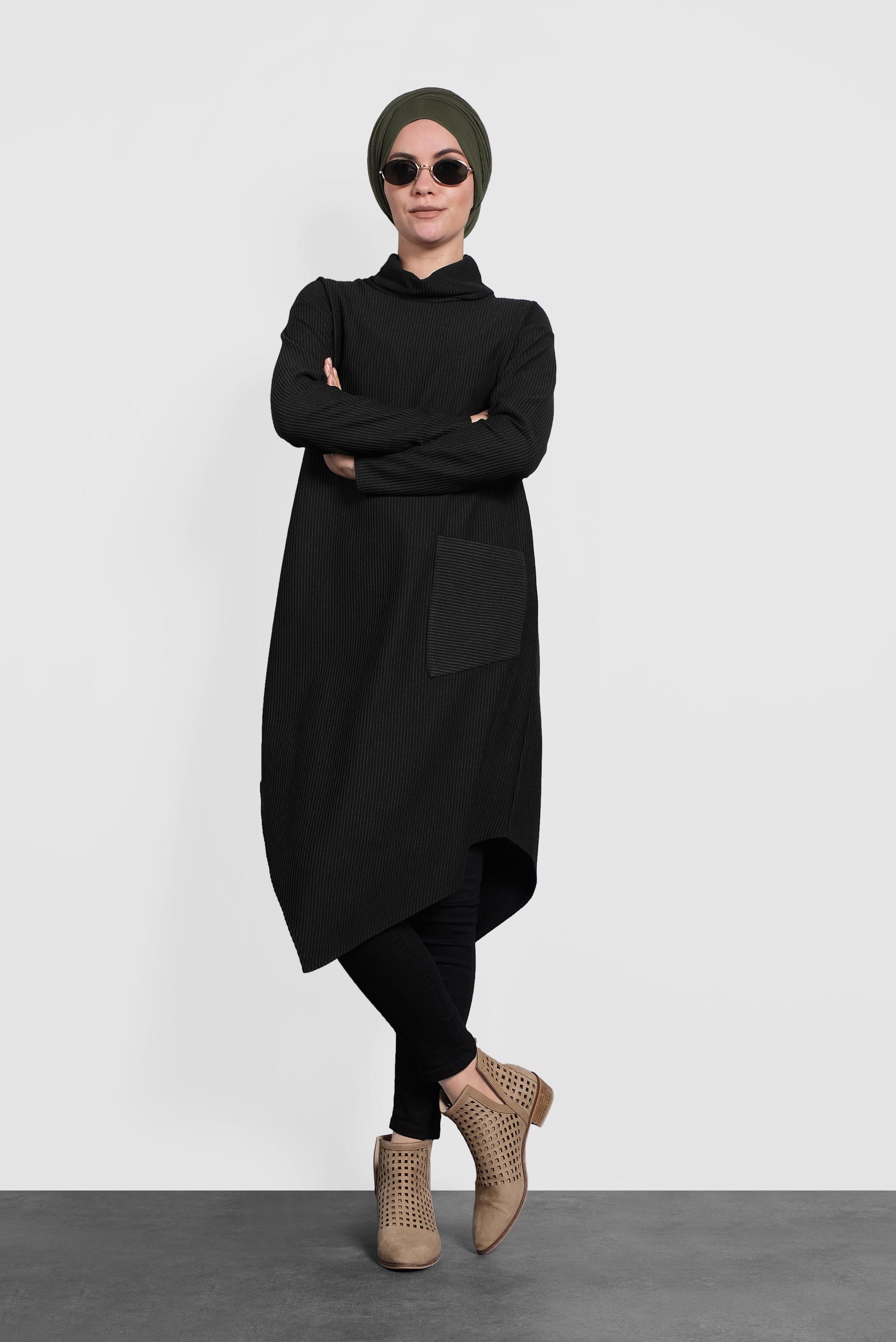 Tesettür giyim HAKİ ASİMETRİK KESİM ÇİZGİLİ TUNİK 40165