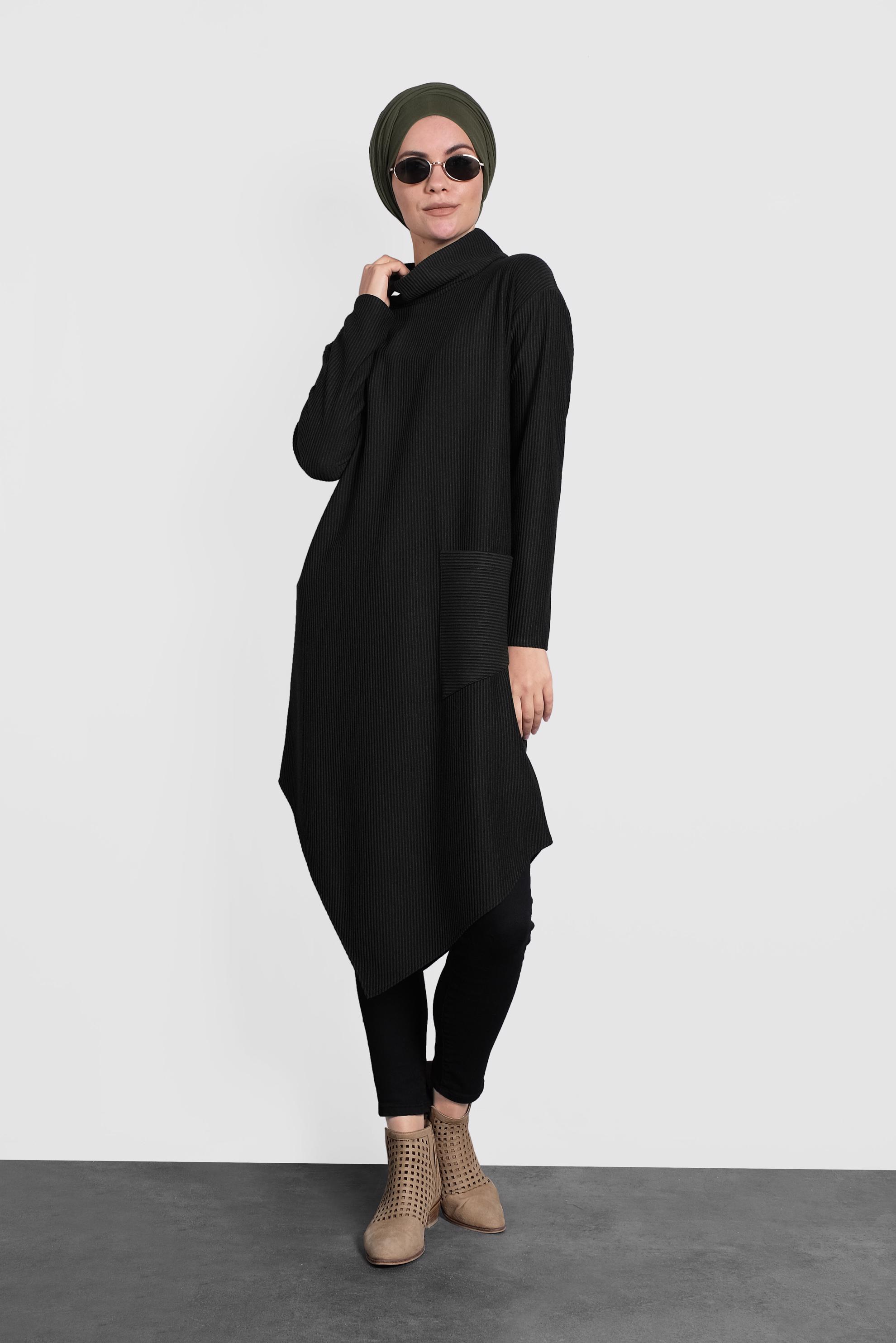 Tesettür giyim HAKİ ASİMETRİK KESİM ÇİZGİLİ TUNİK 40165