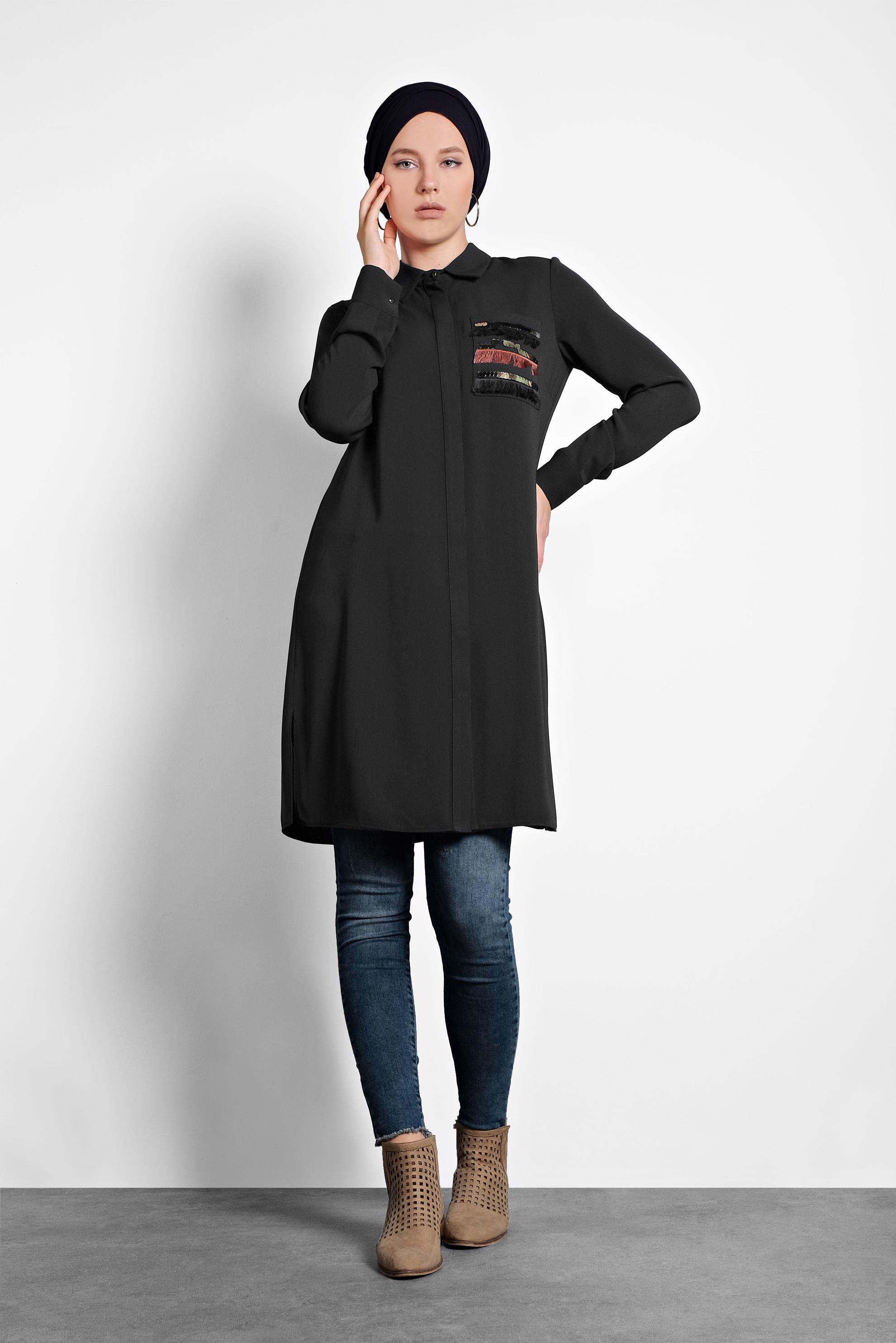 Tesettür giyim SİYAH PAYET VE PÜSKÜL DETAYLI TUNİK 40166