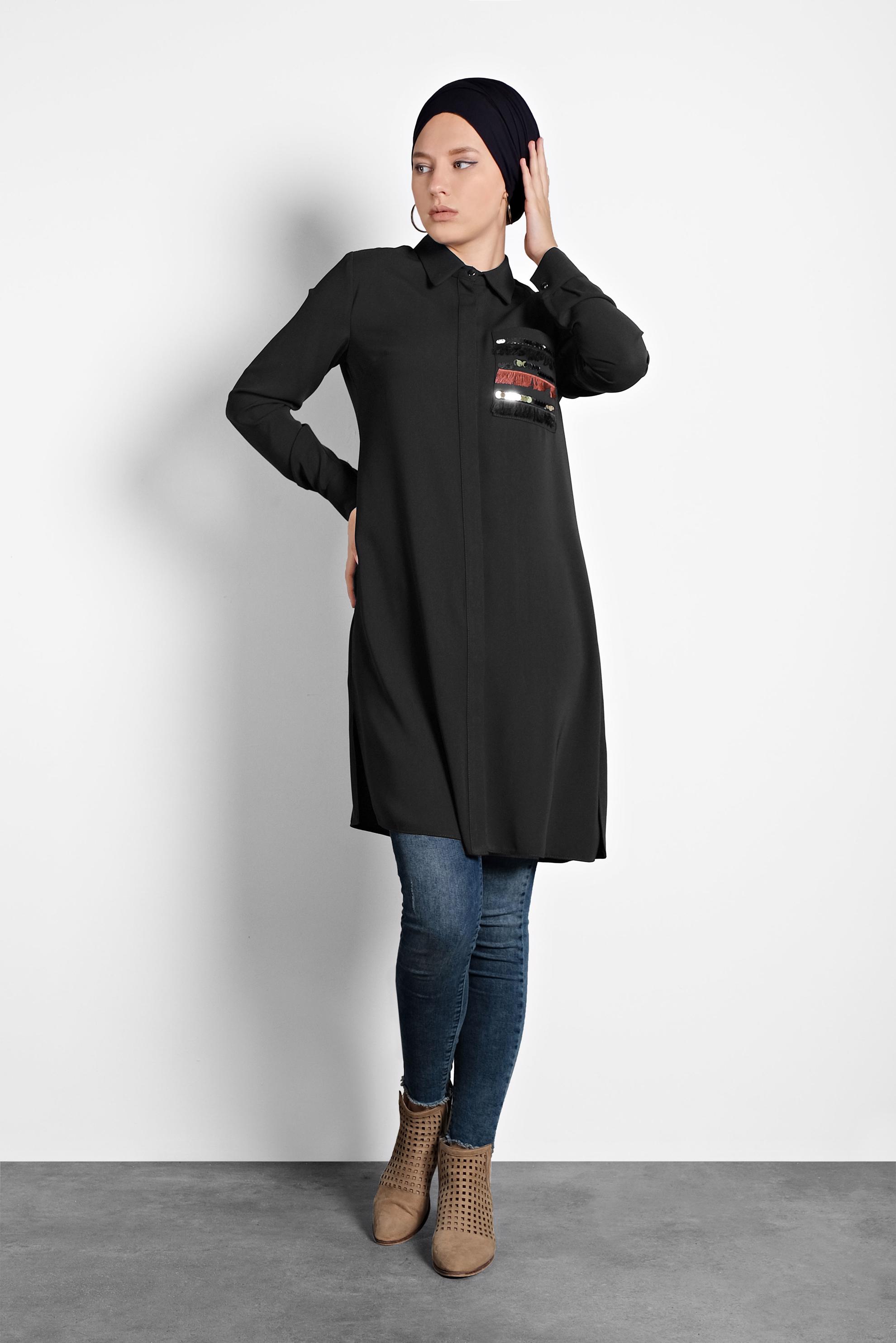 Tesettür giyim SİYAH PAYET VE PÜSKÜL DETAYLI TUNİK 40166