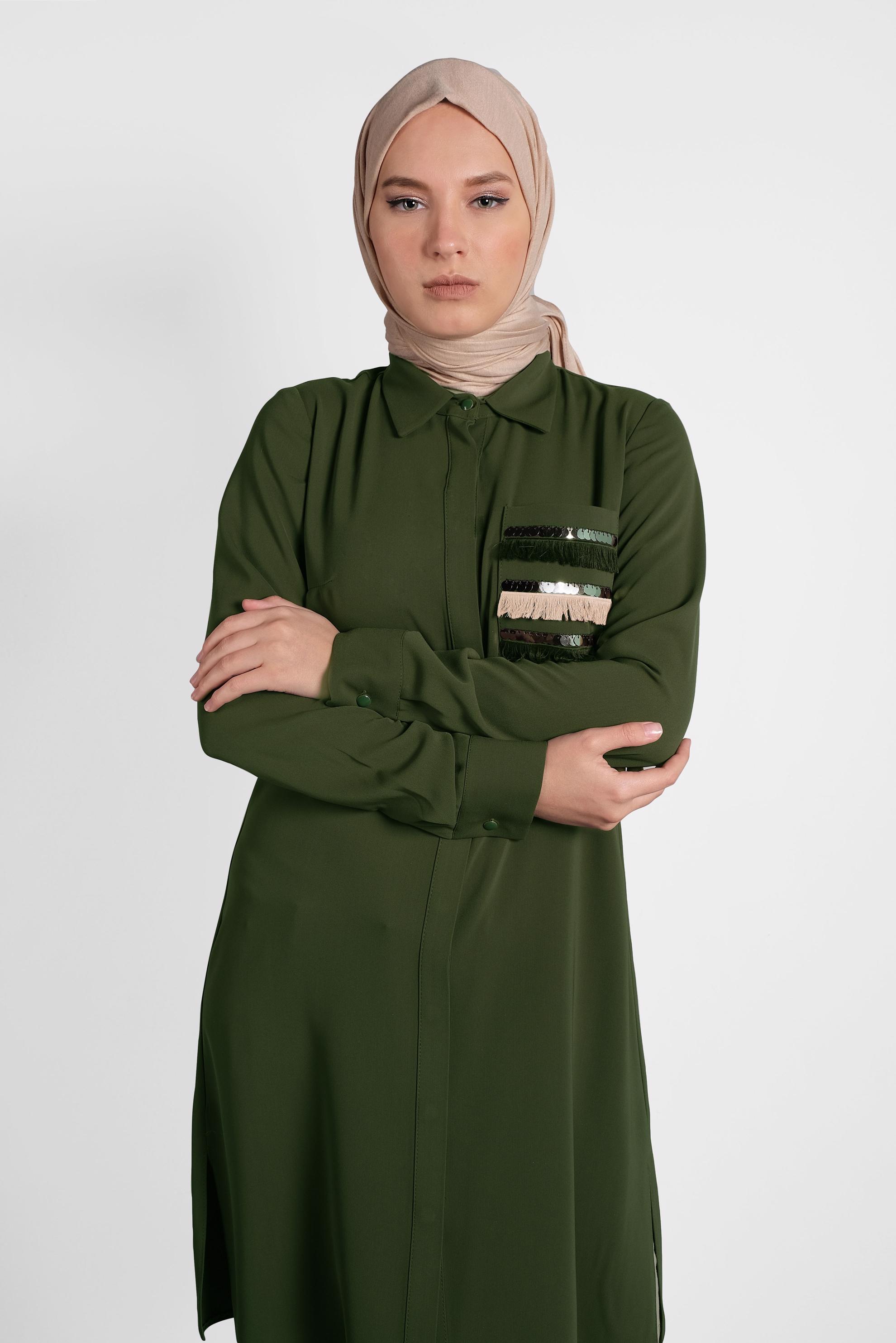 Tesettür giyim HAKİ PAYET VE PÜSKÜL DETAYLI TUNİK 40166