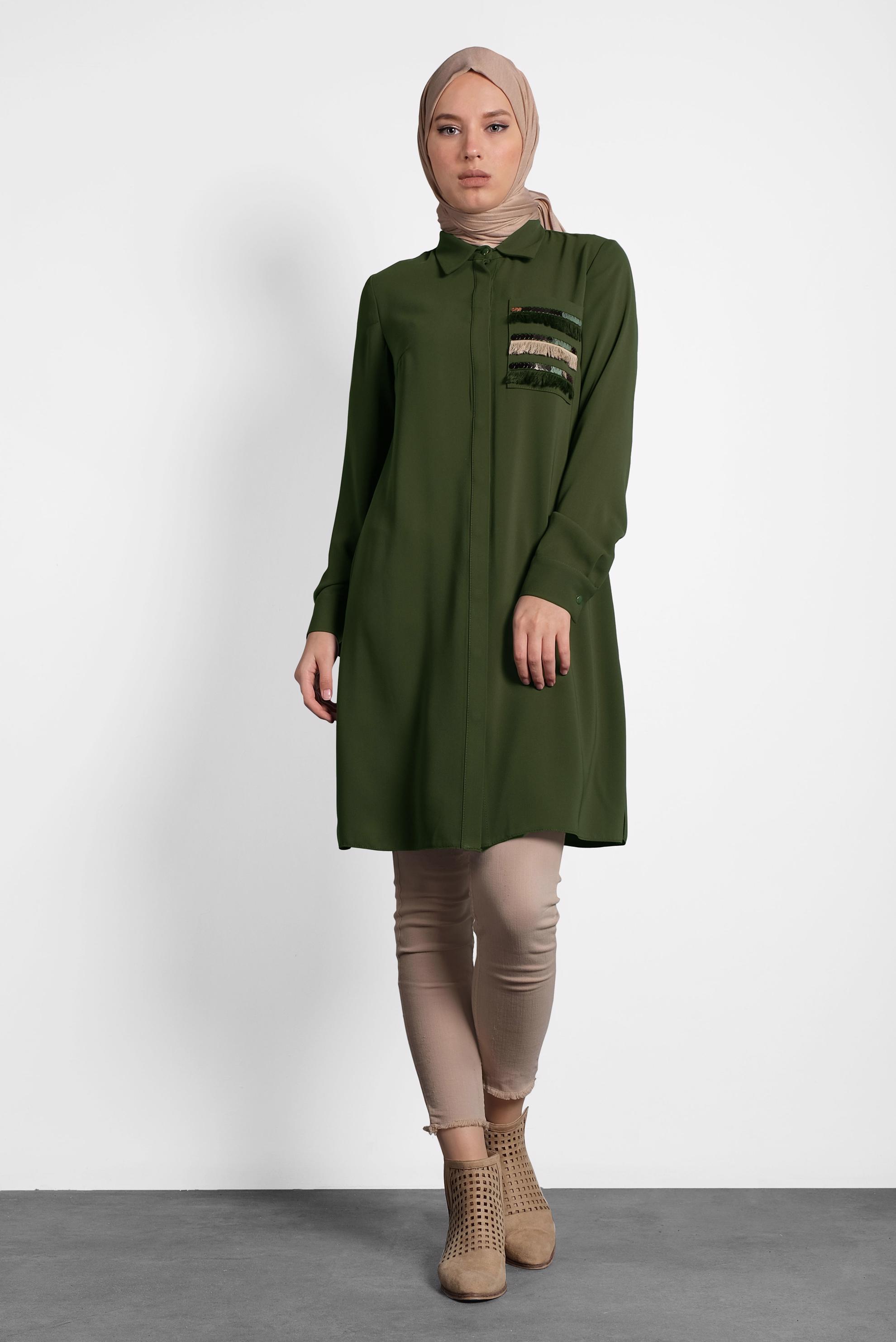 Tesettür giyim HAKİ PAYET VE PÜSKÜL DETAYLI TUNİK 40166