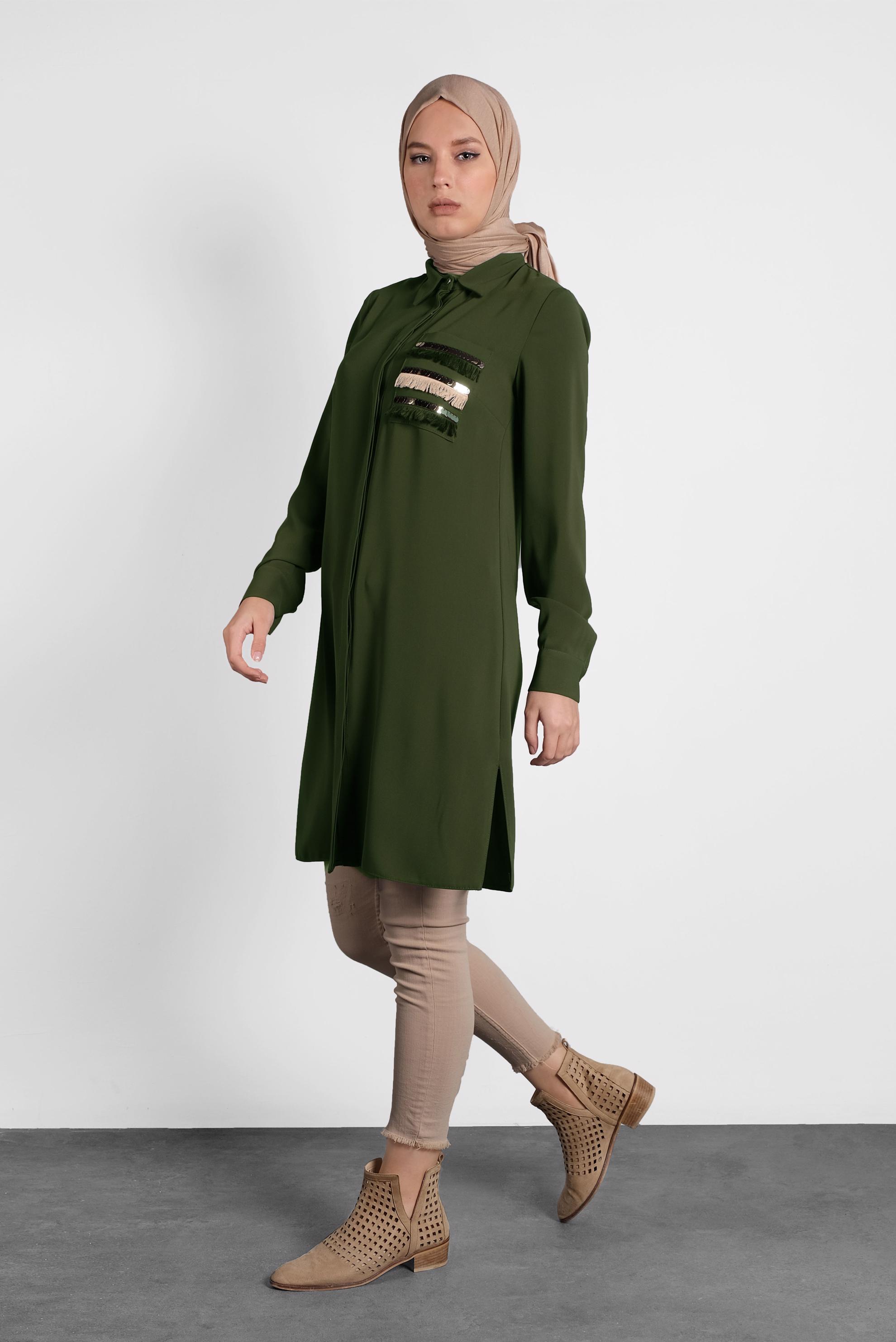 Tesettür giyim HAKİ PAYET VE PÜSKÜL DETAYLI TUNİK 40166