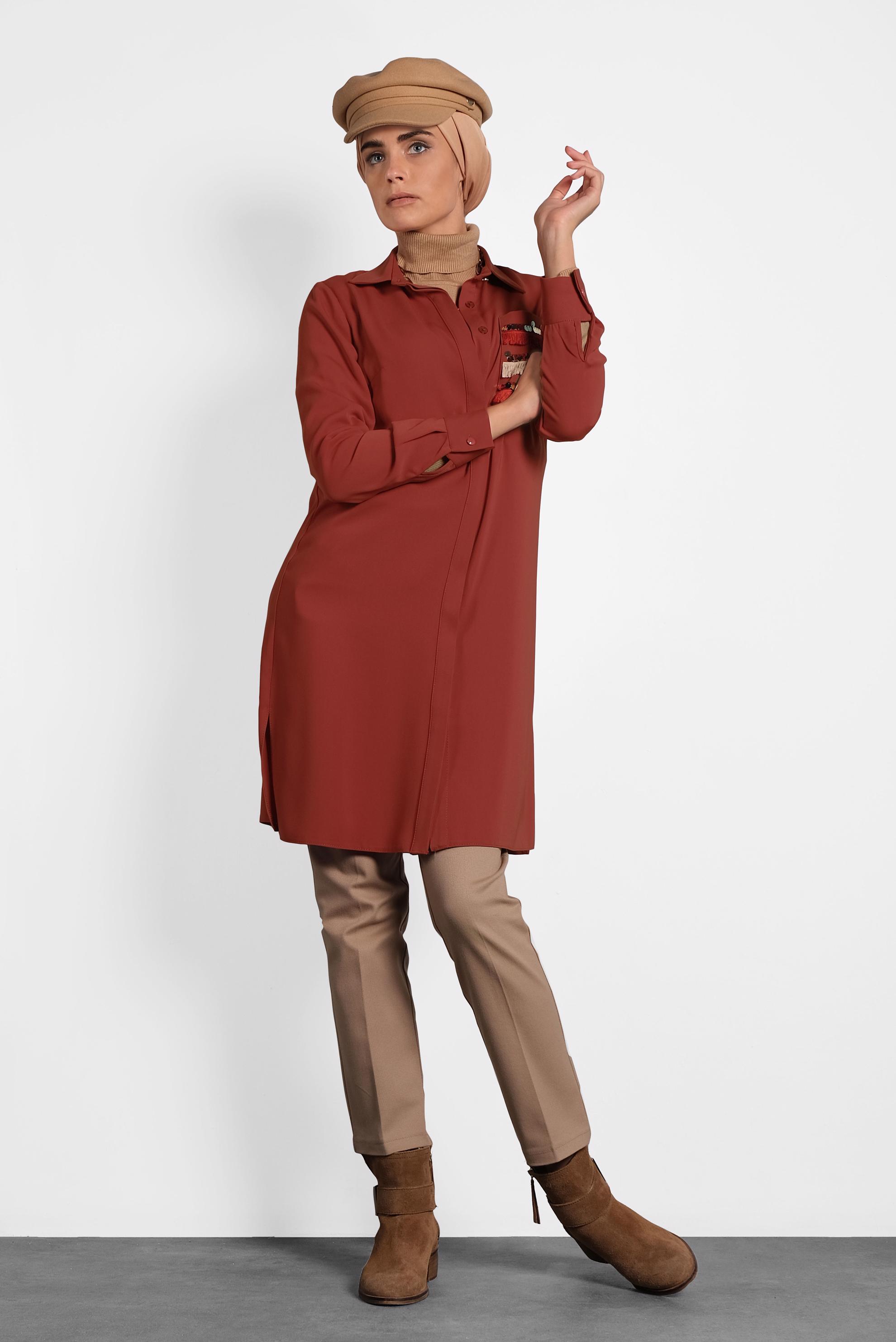 Tesettür giyim TURUNCU PAYET VE PÜSKÜL DETAYLI TUNİK 40166