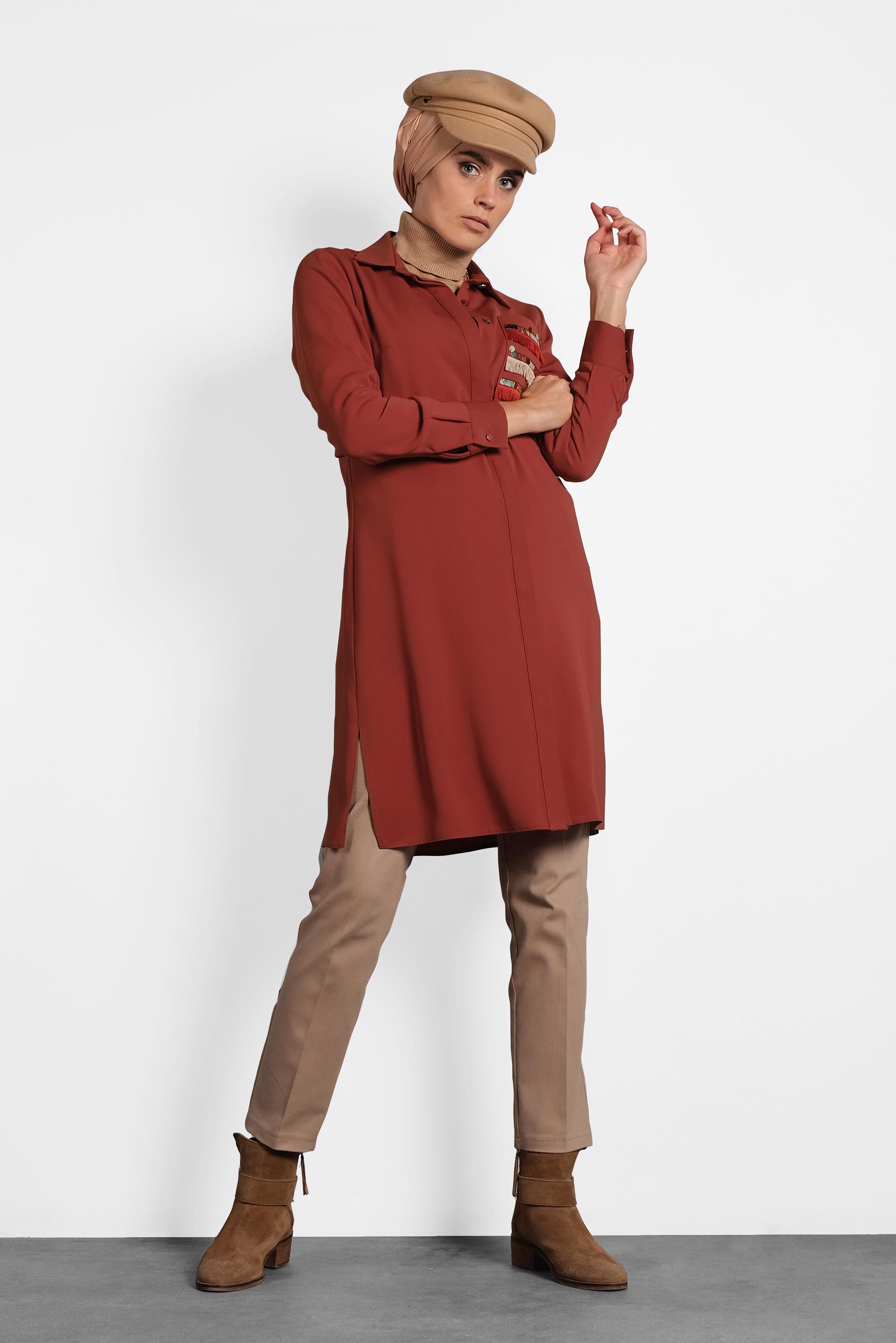 Tesettür giyim TURUNCU PAYET VE PÜSKÜL DETAYLI TUNİK 40166