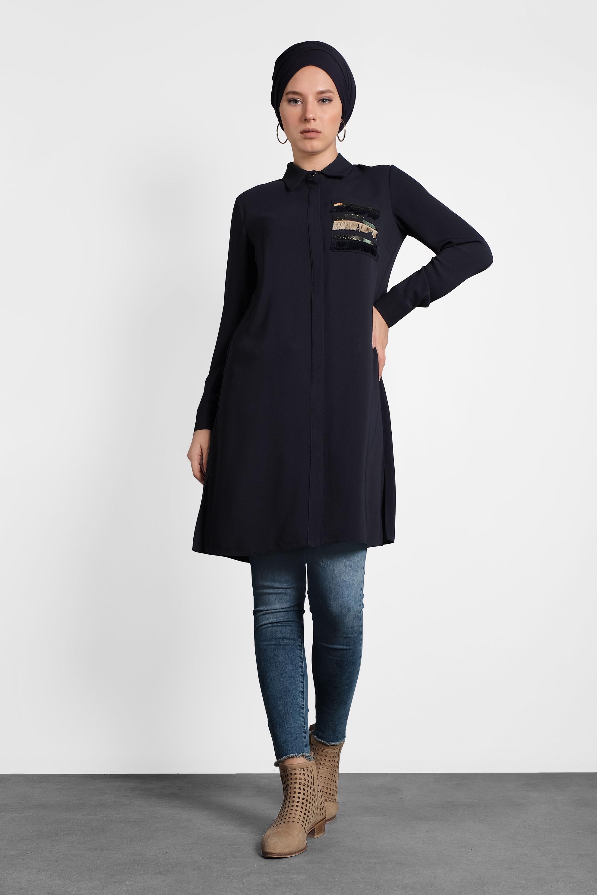 Tesettür giyim LACİVERT PAYET VE PÜSKÜL DETAYLI TUNİK 40166