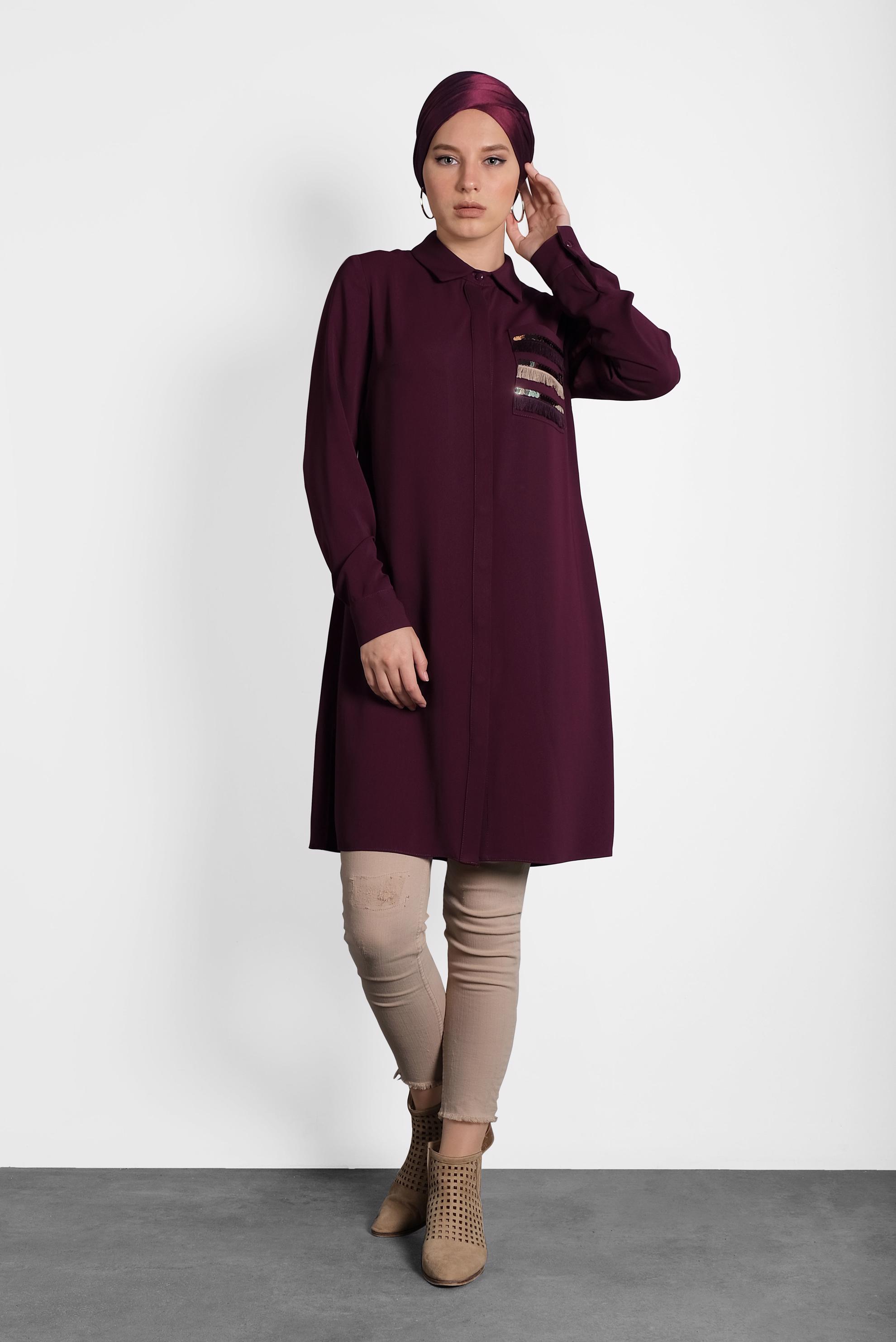 Tesettür giyim BORDO PAYET VE PÜSKÜL DETAYLI TUNİK 40166