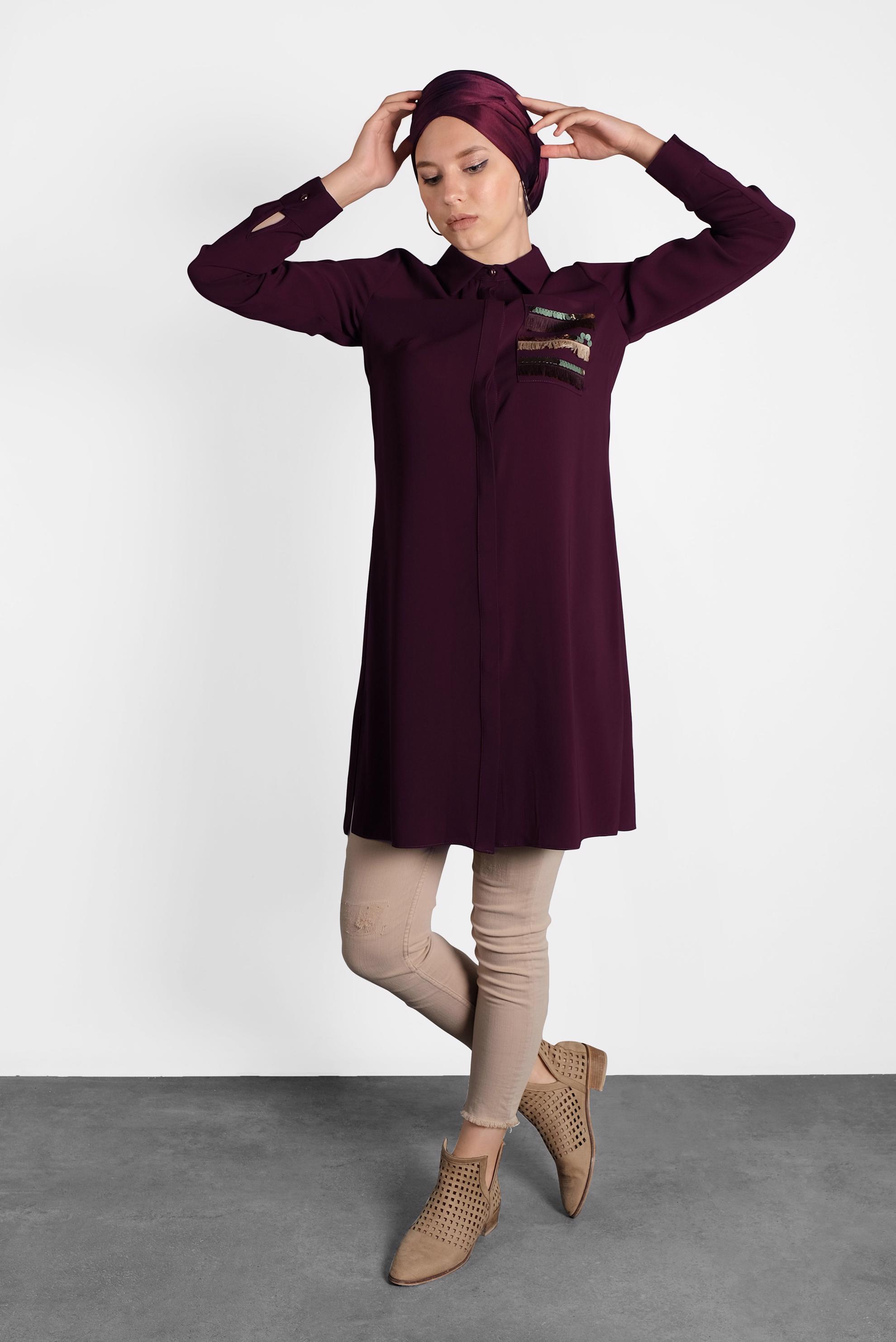 Tesettür giyim BORDO PAYET VE PÜSKÜL DETAYLI TUNİK 40166