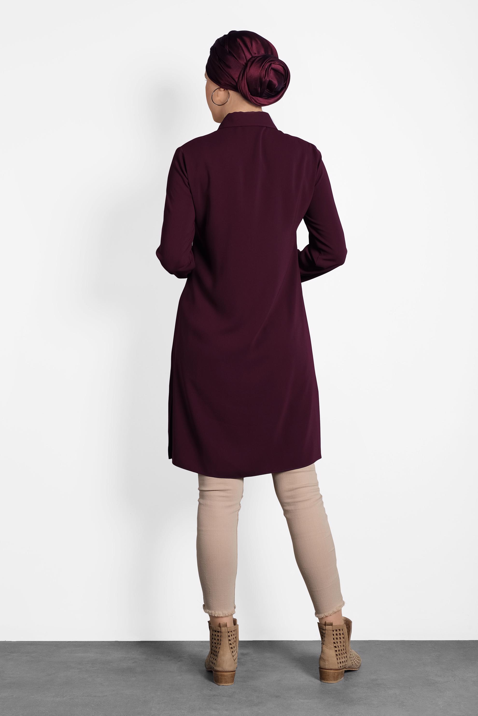 Tesettür giyim BORDO PAYET VE PÜSKÜL DETAYLI TUNİK 40166