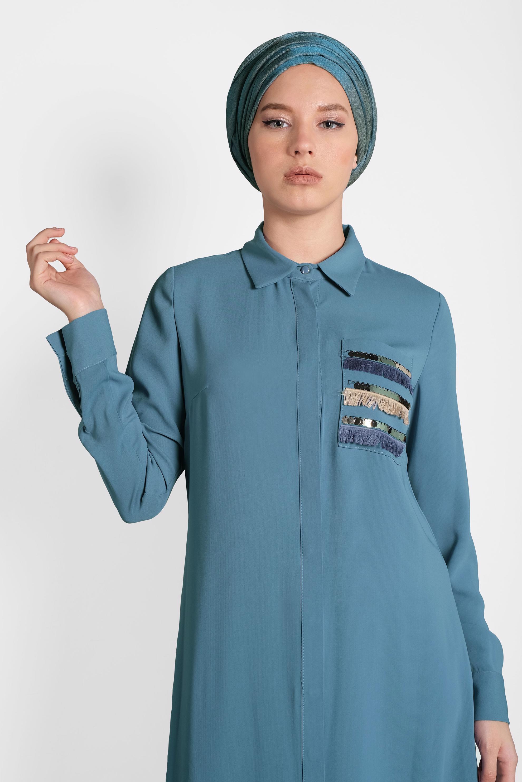 Tesettür giyim MAVİ PAYET VE PÜSKÜL DETAYLI TUNİK 40166