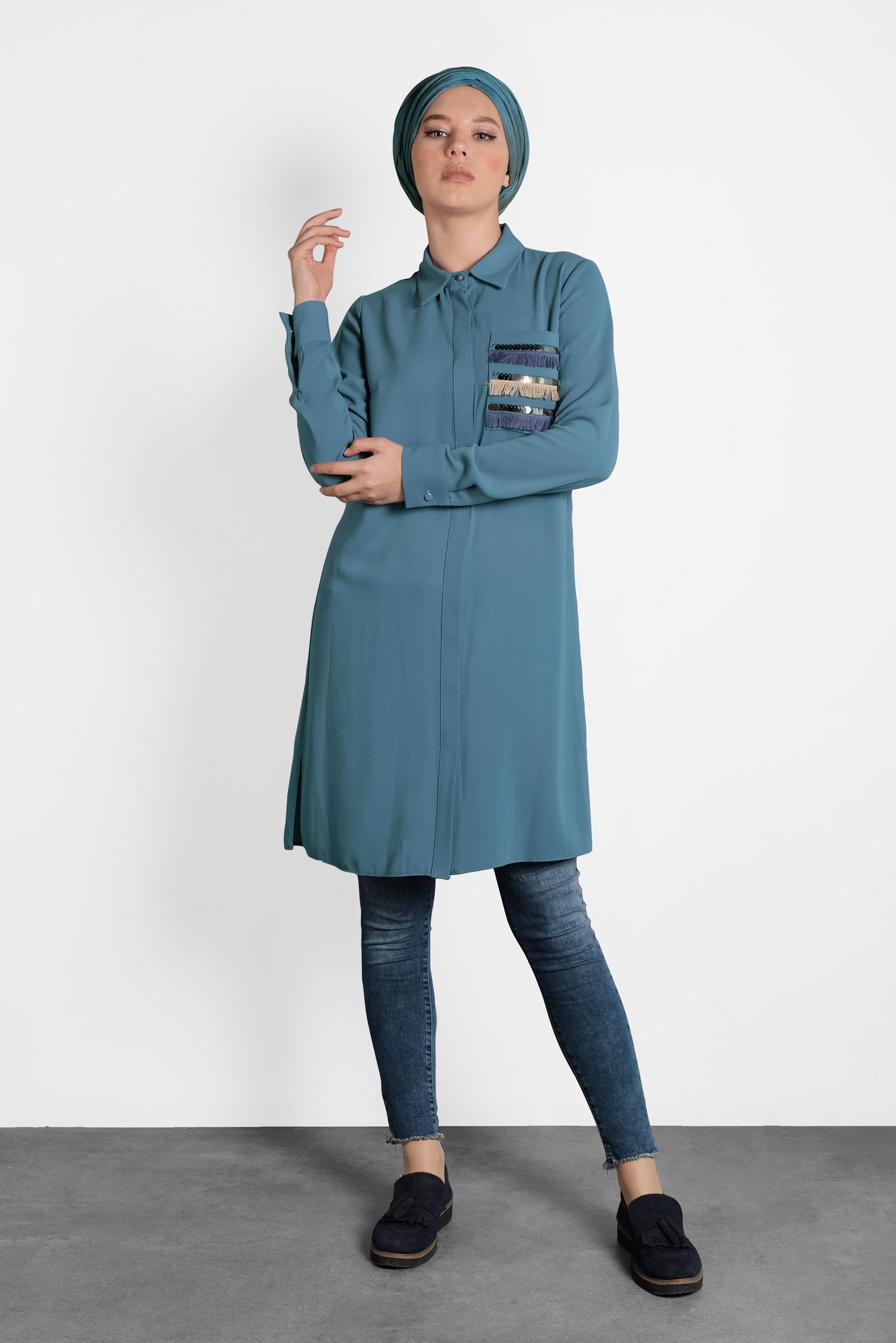 Tesettür giyim MAVİ PAYET VE PÜSKÜL DETAYLI TUNİK 40166