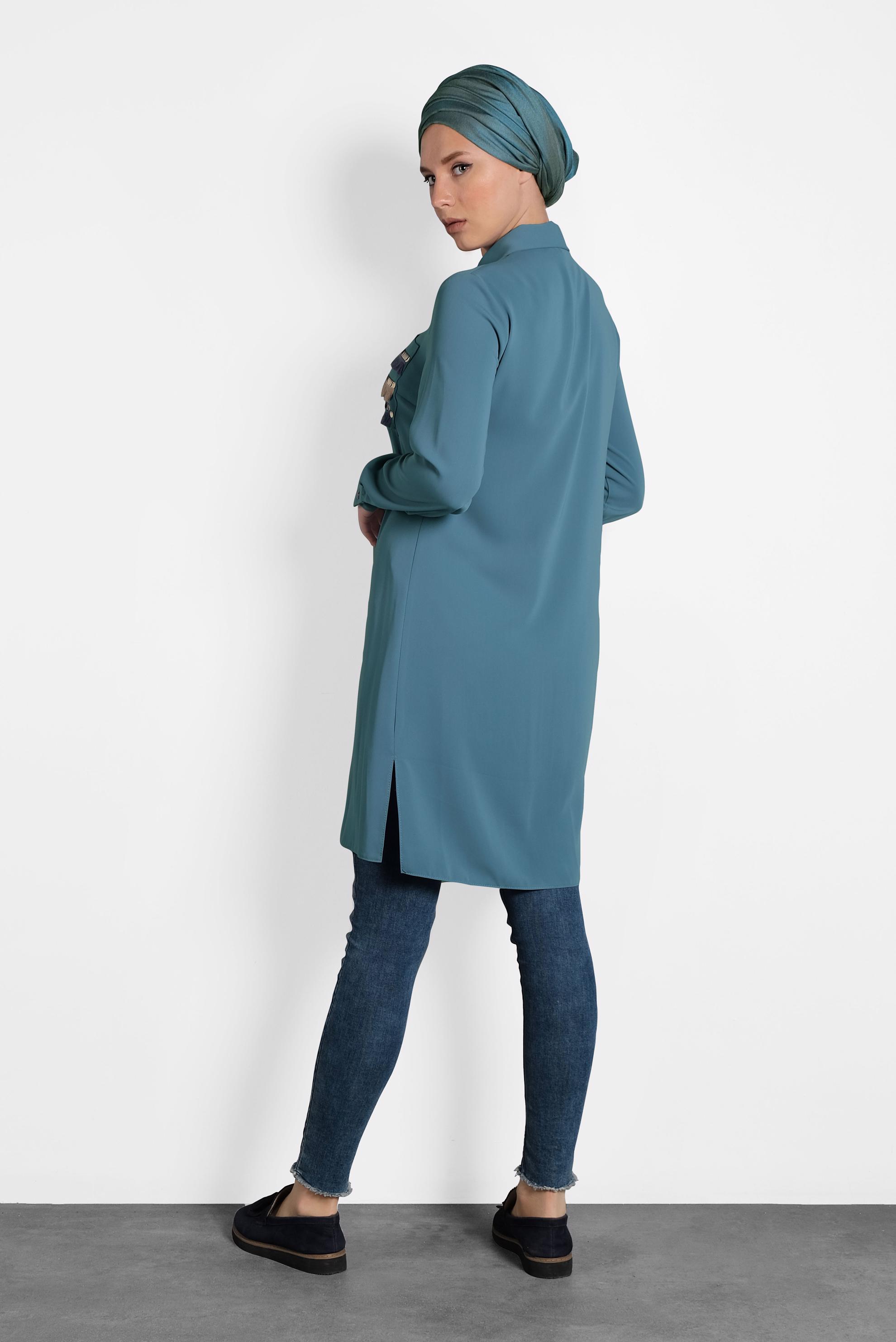 Tesettür giyim MAVİ PAYET VE PÜSKÜL DETAYLI TUNİK 40166