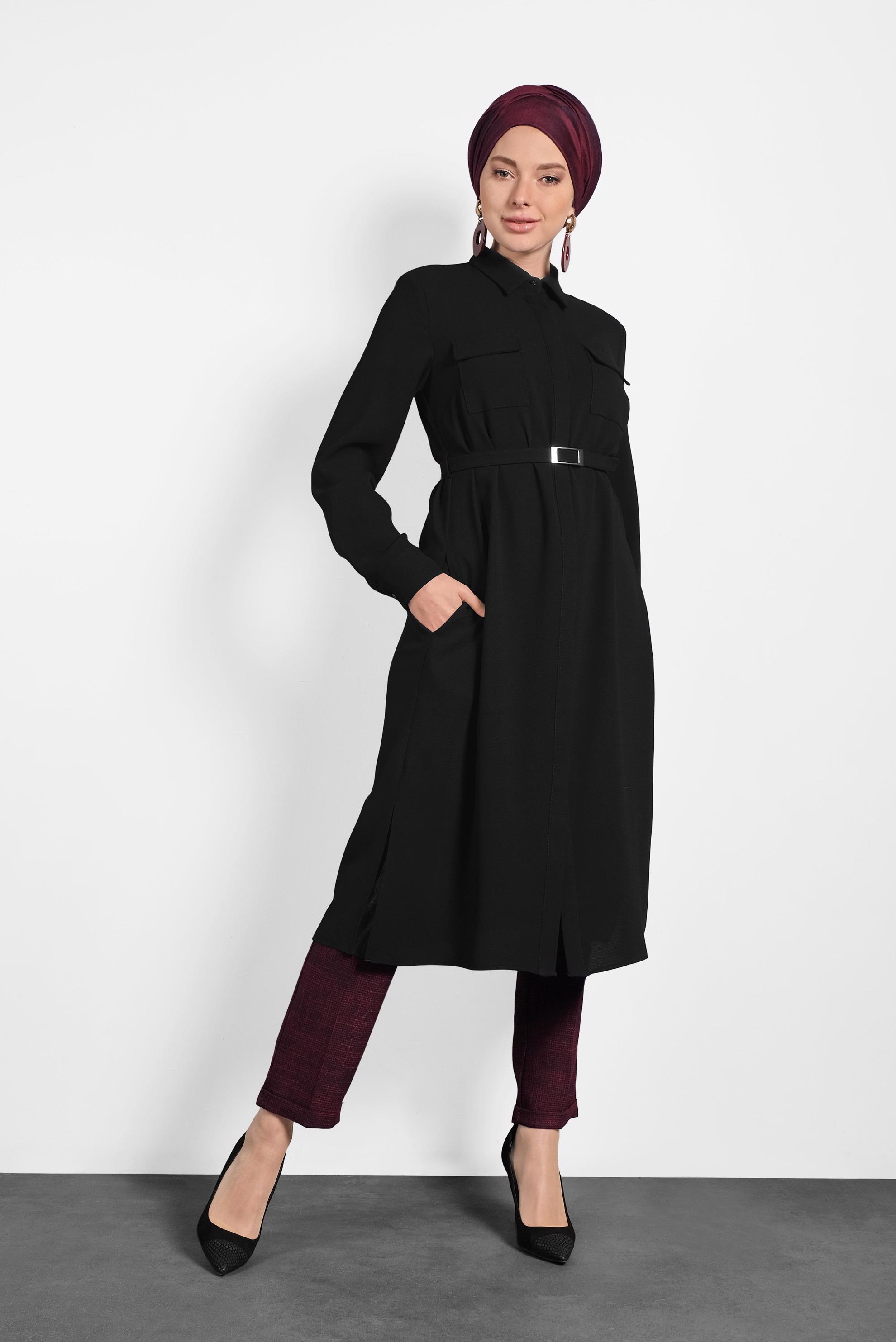 Tesettür giyim SİYAH GİZLİ DÜĞMELİ YIRTMAÇLI TUNİK 40167