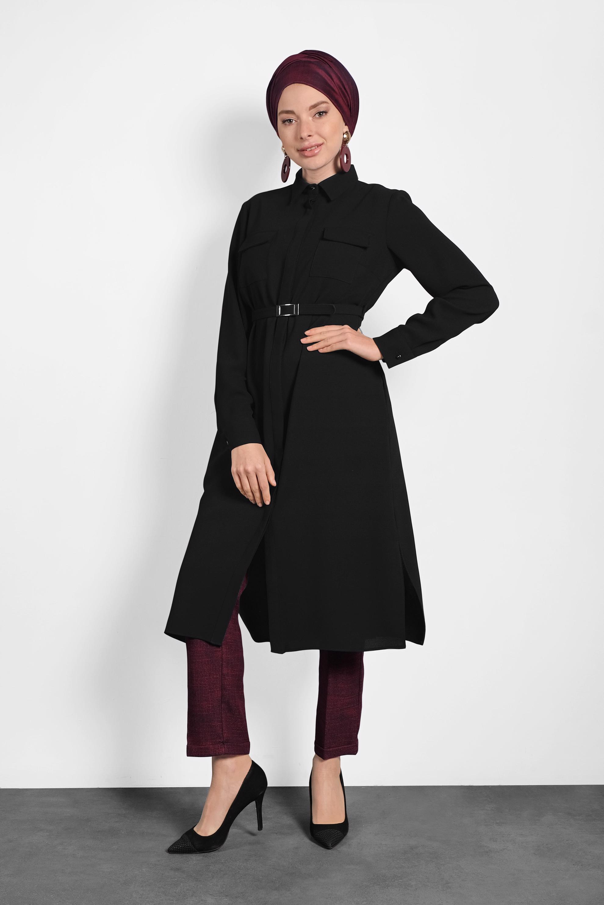 Tesettür giyim SİYAH GİZLİ DÜĞMELİ YIRTMAÇLI TUNİK 40167