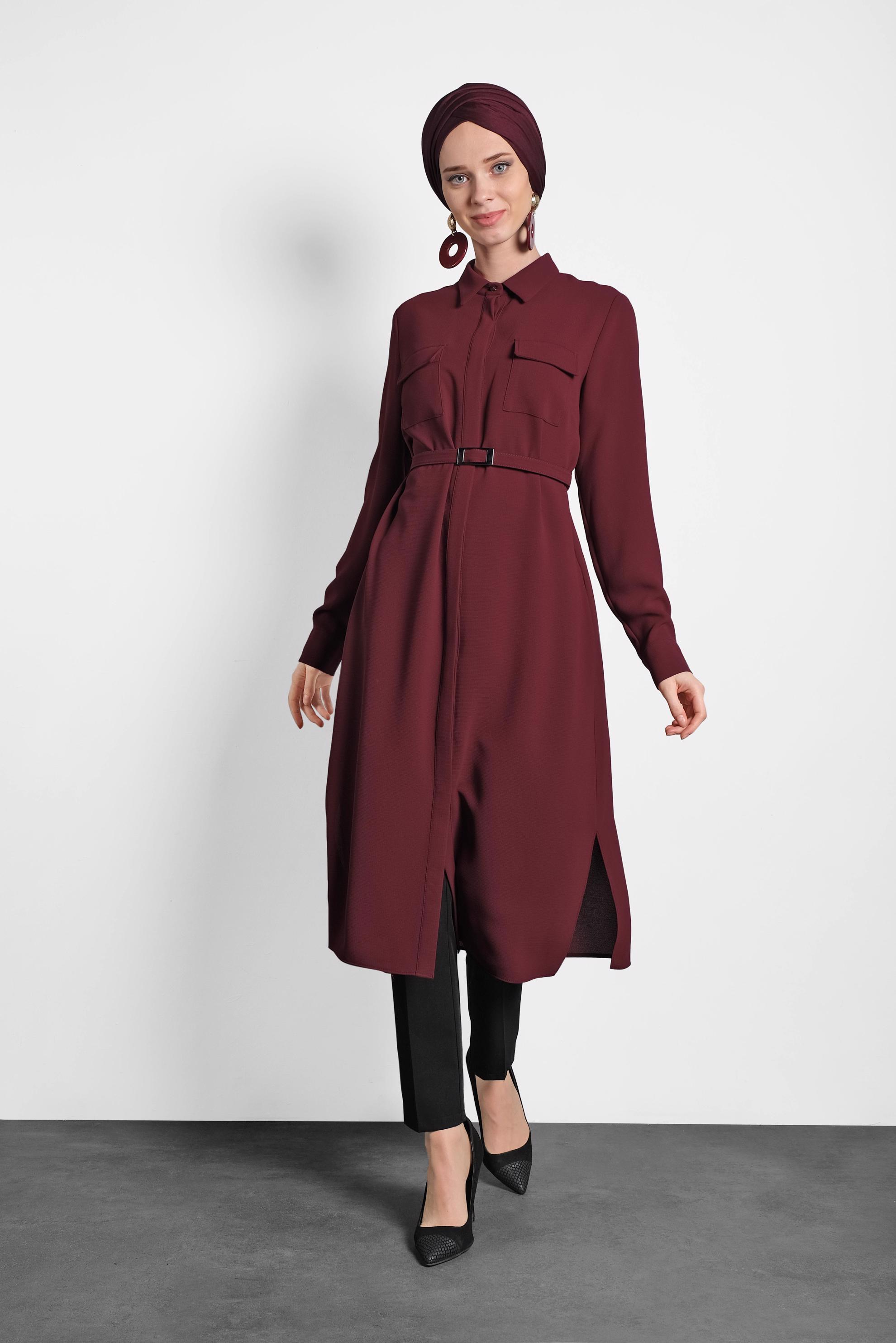 Tesettür giyim BORDO GİZLİ DÜĞMELİ YIRTMAÇLI TUNİK 40167