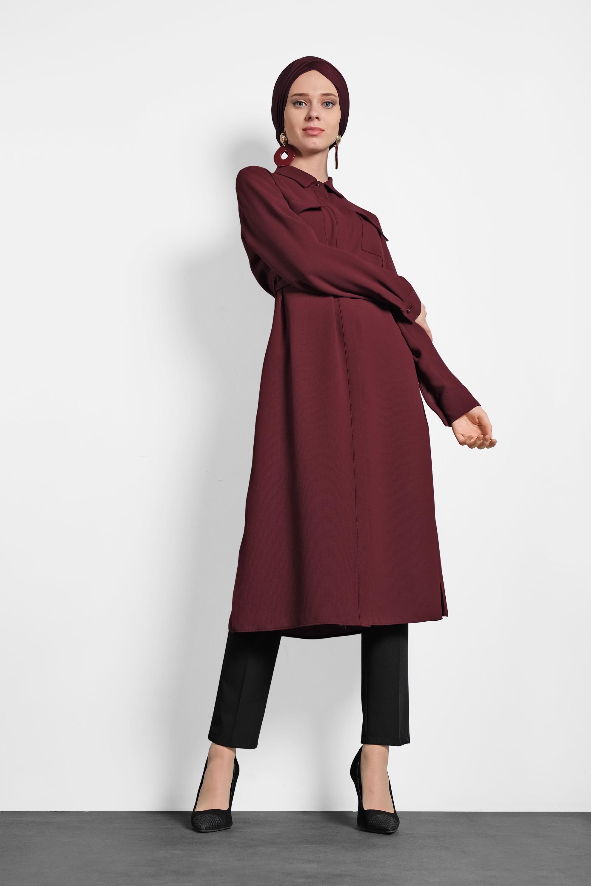 Tesettür giyim BORDO GİZLİ DÜĞMELİ YIRTMAÇLI TUNİK 40167