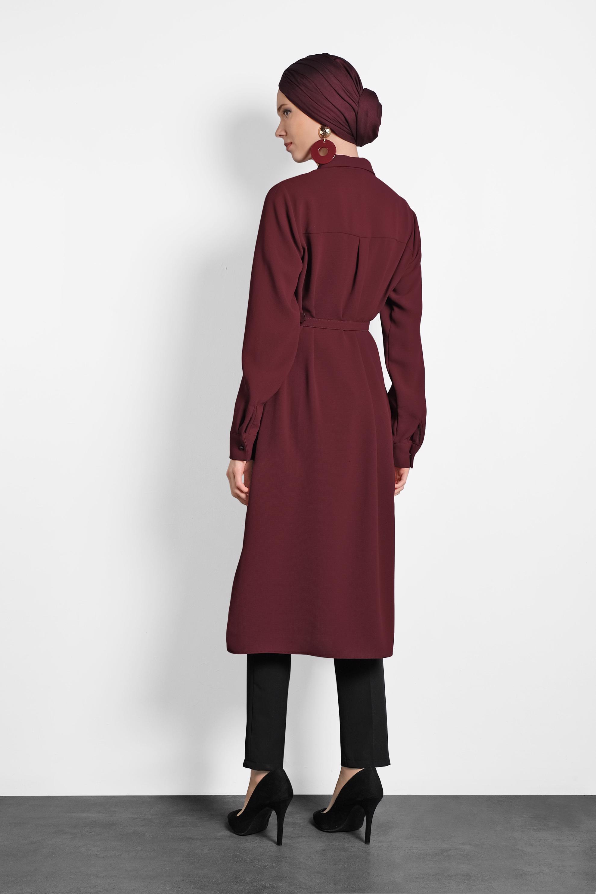 Tesettür giyim BORDO GİZLİ DÜĞMELİ YIRTMAÇLI TUNİK 40167