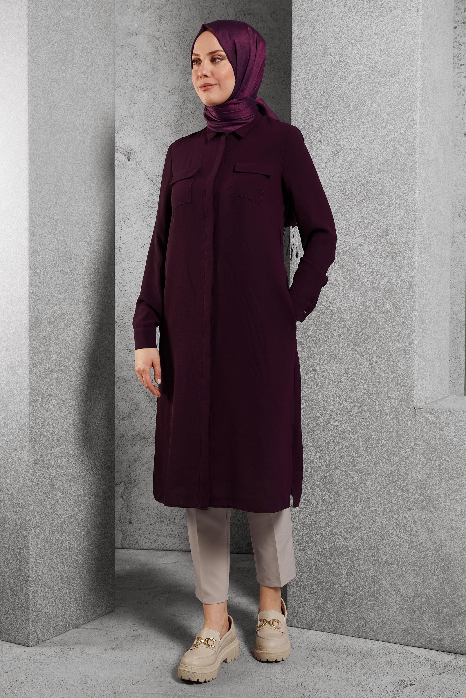 Tesettür giyim MÜRDÜM GİZLİ DÜĞMELİ YIRTMAÇLI TUNİK 40167