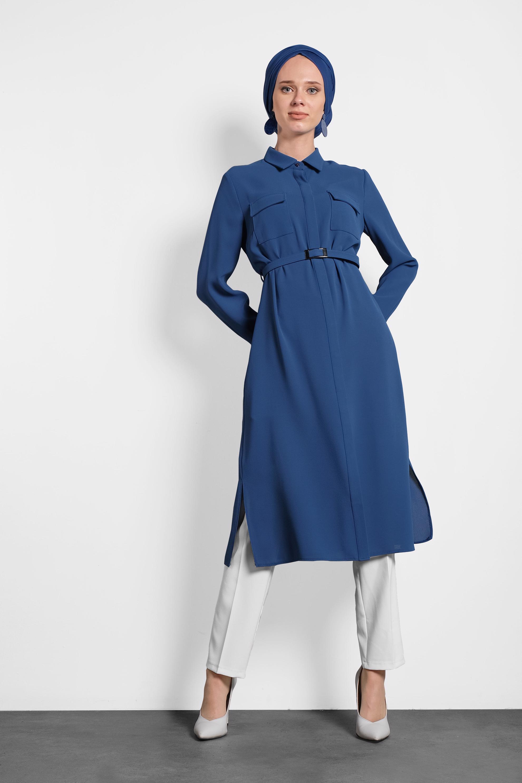 Tesettür giyim LACİVERT GİZLİ DÜĞMELİ YIRTMAÇLI TUNİK 40167