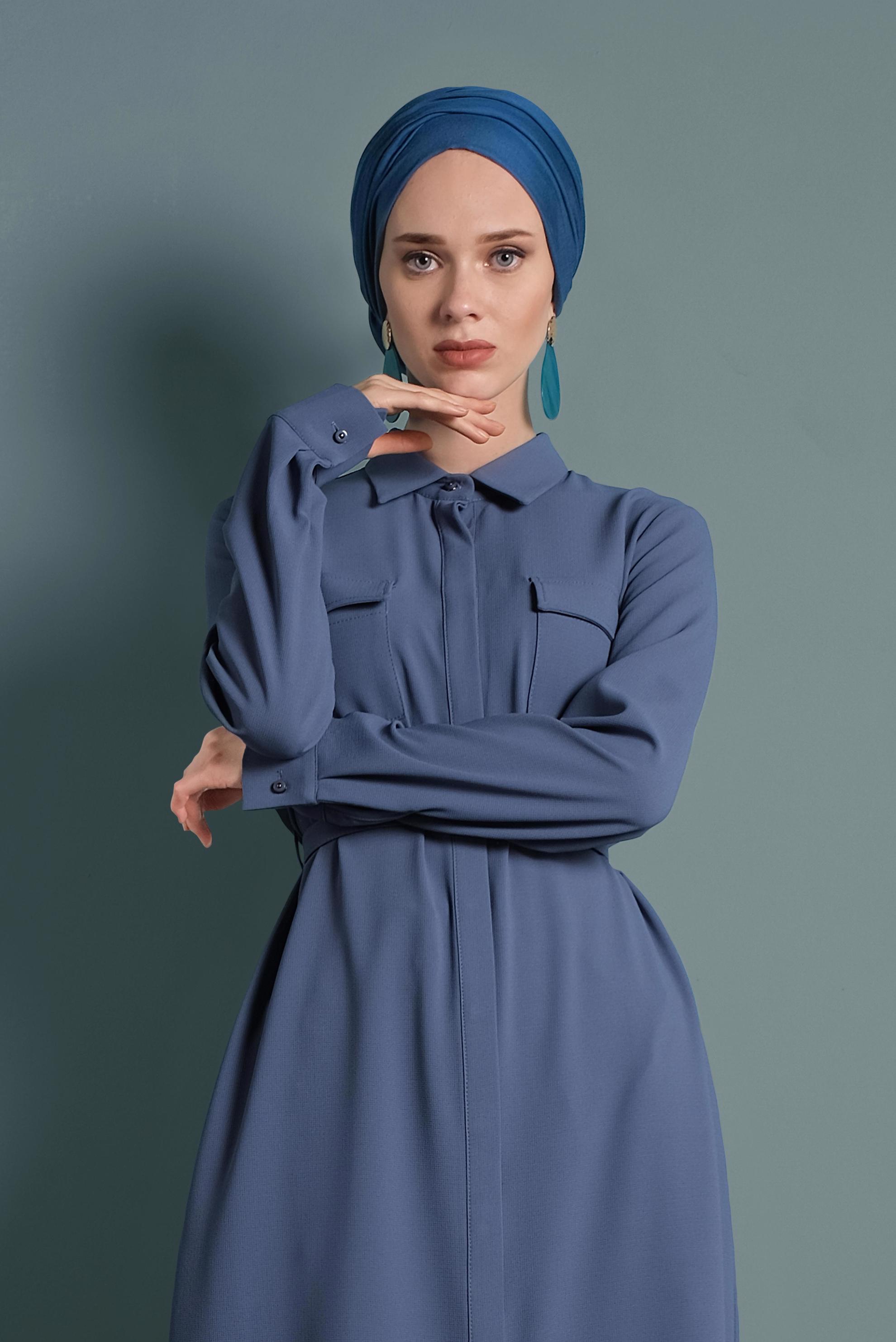 Tesettür giyim MAVİ GİZLİ DÜĞMELİ YIRTMAÇLI TUNİK 40167