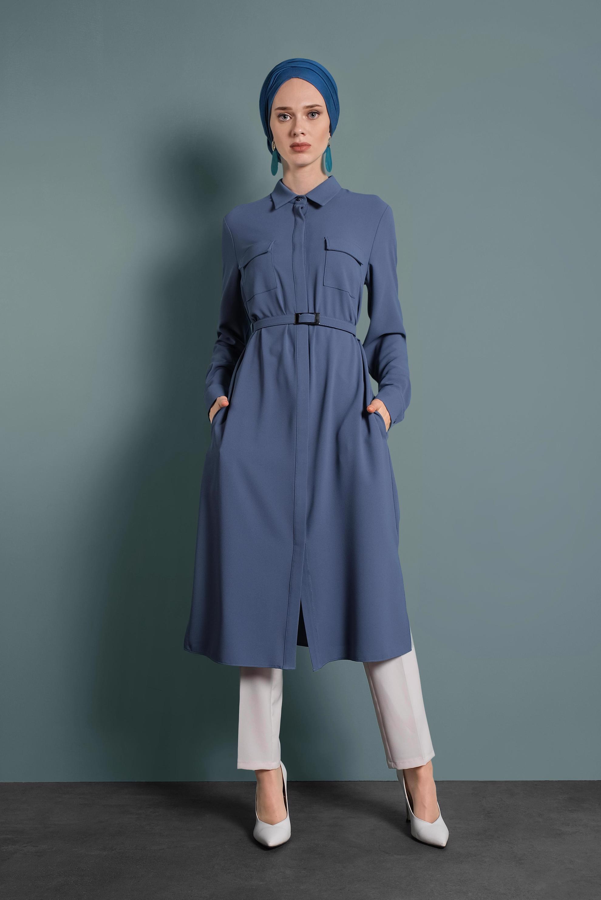 Tesettür giyim MAVİ GİZLİ DÜĞMELİ YIRTMAÇLI TUNİK 40167