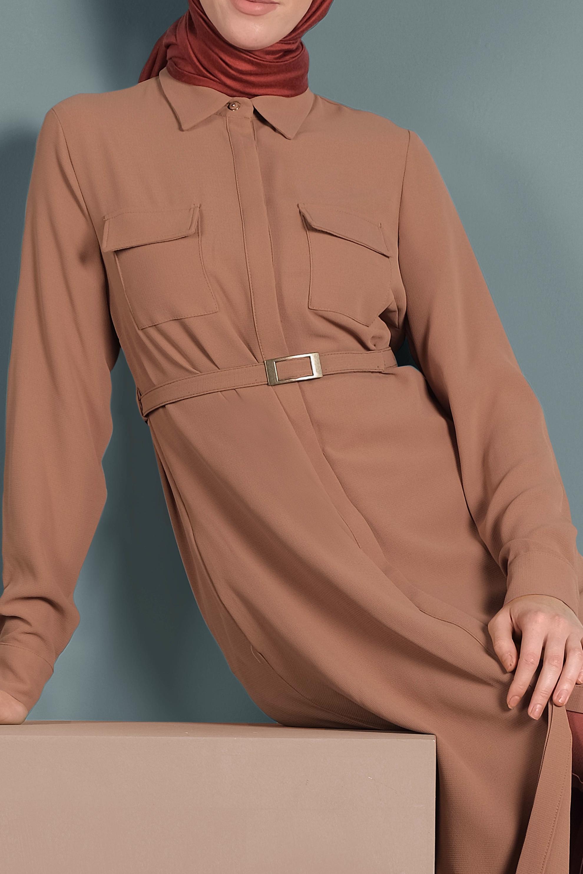 Tesettür giyim KAHVE GİZLİ DÜĞMELİ YIRTMAÇLI TUNİK 40167
