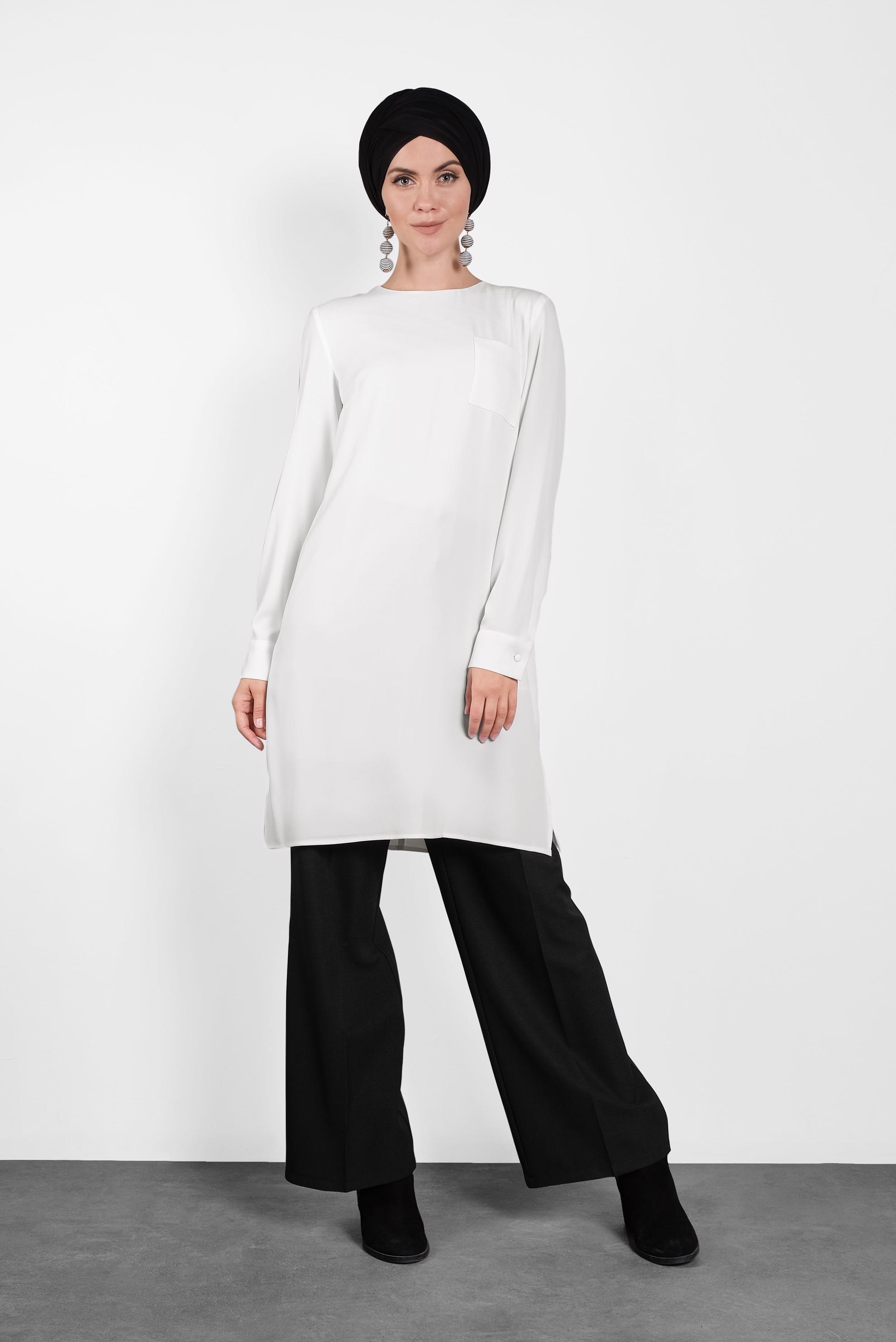 Tesettür giyim BEYAZ YANLARI YIRTMAÇLI BASİC  TUNİK 40169