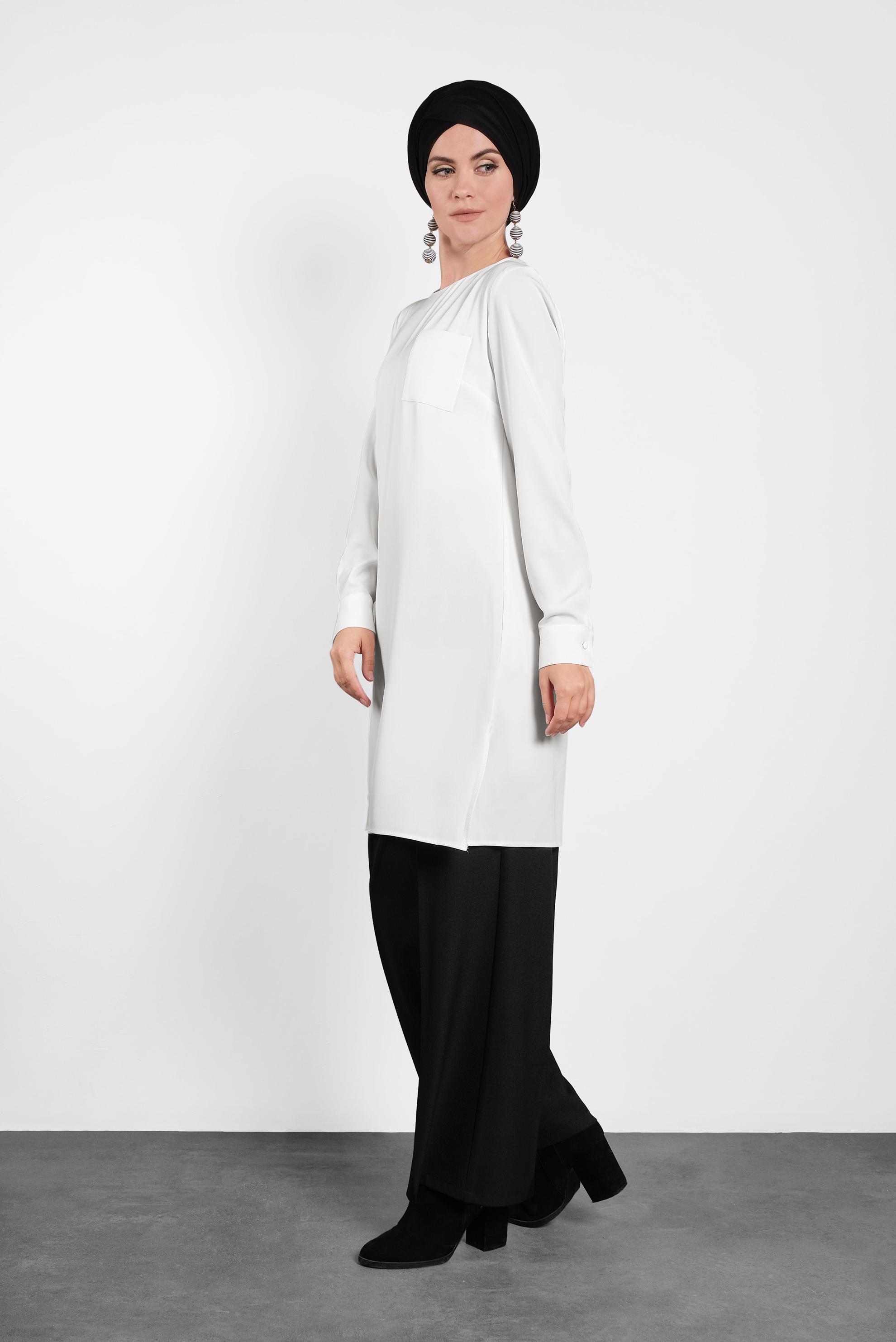 Tesettür giyim BEYAZ YANLARI YIRTMAÇLI BASİC  TUNİK 40169