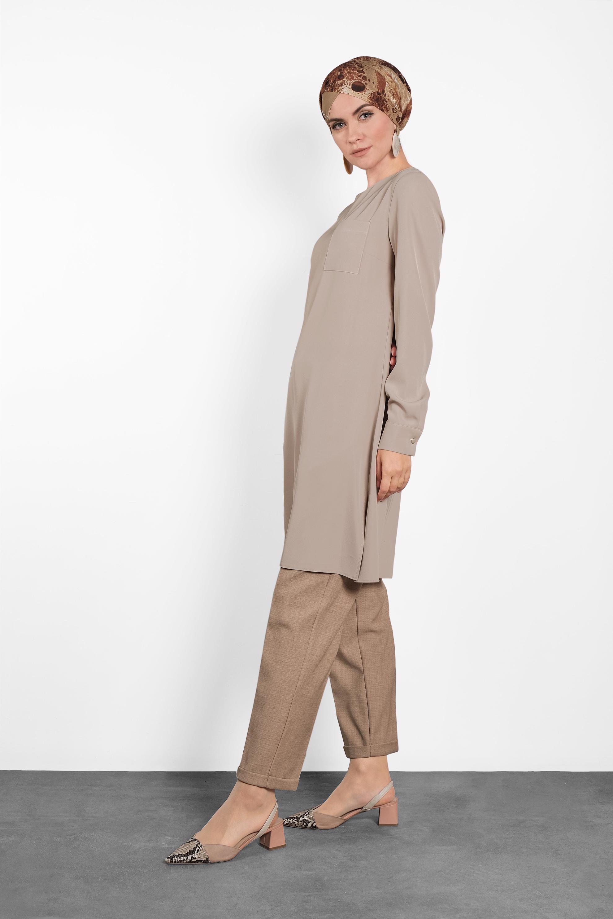 Tesettür giyim BEJ YANLARI YIRTMAÇLI BASİC  TUNİK 40169