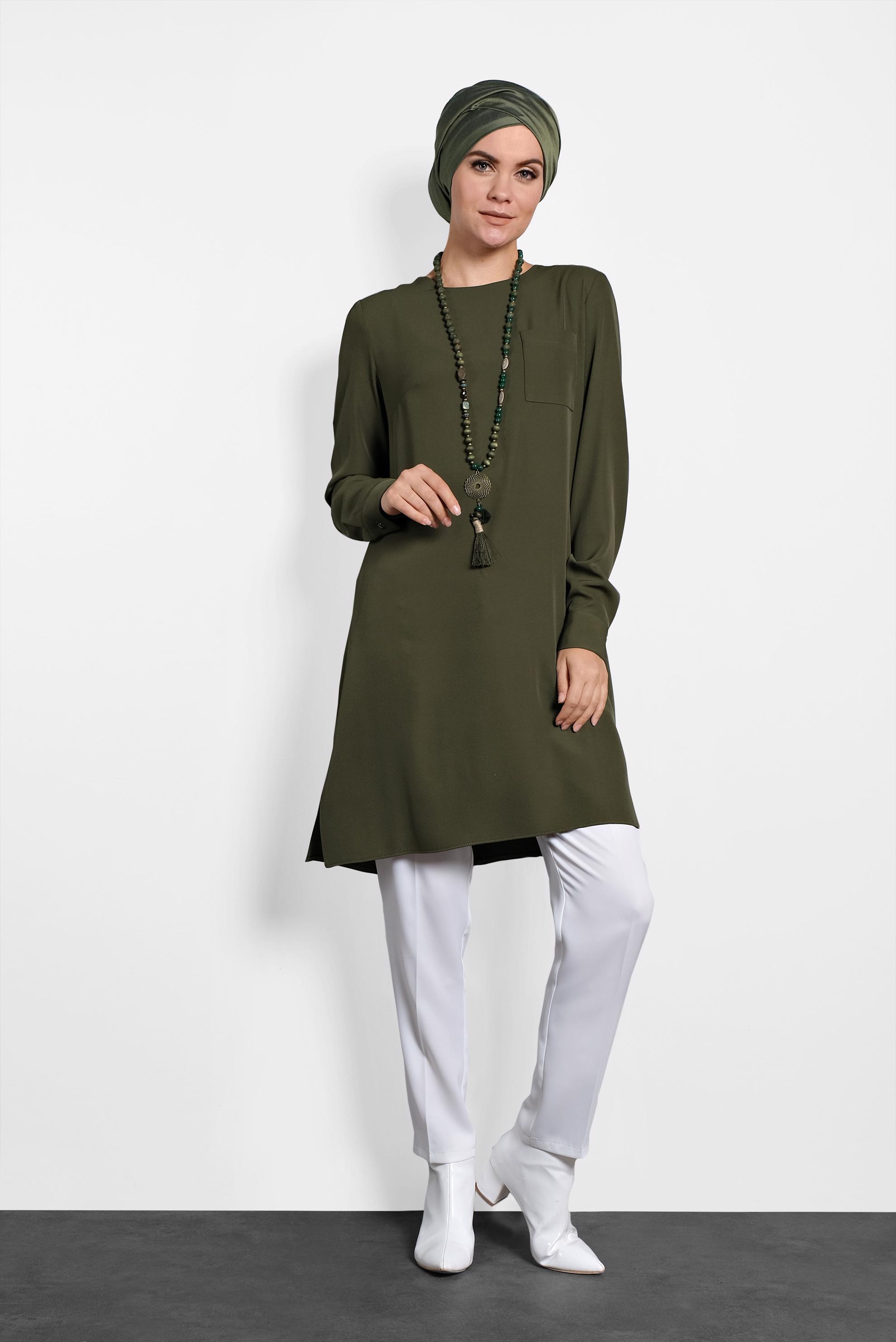 Tesettür giyim HAKİ YANLARI YIRTMAÇLI BASİC  TUNİK 40169