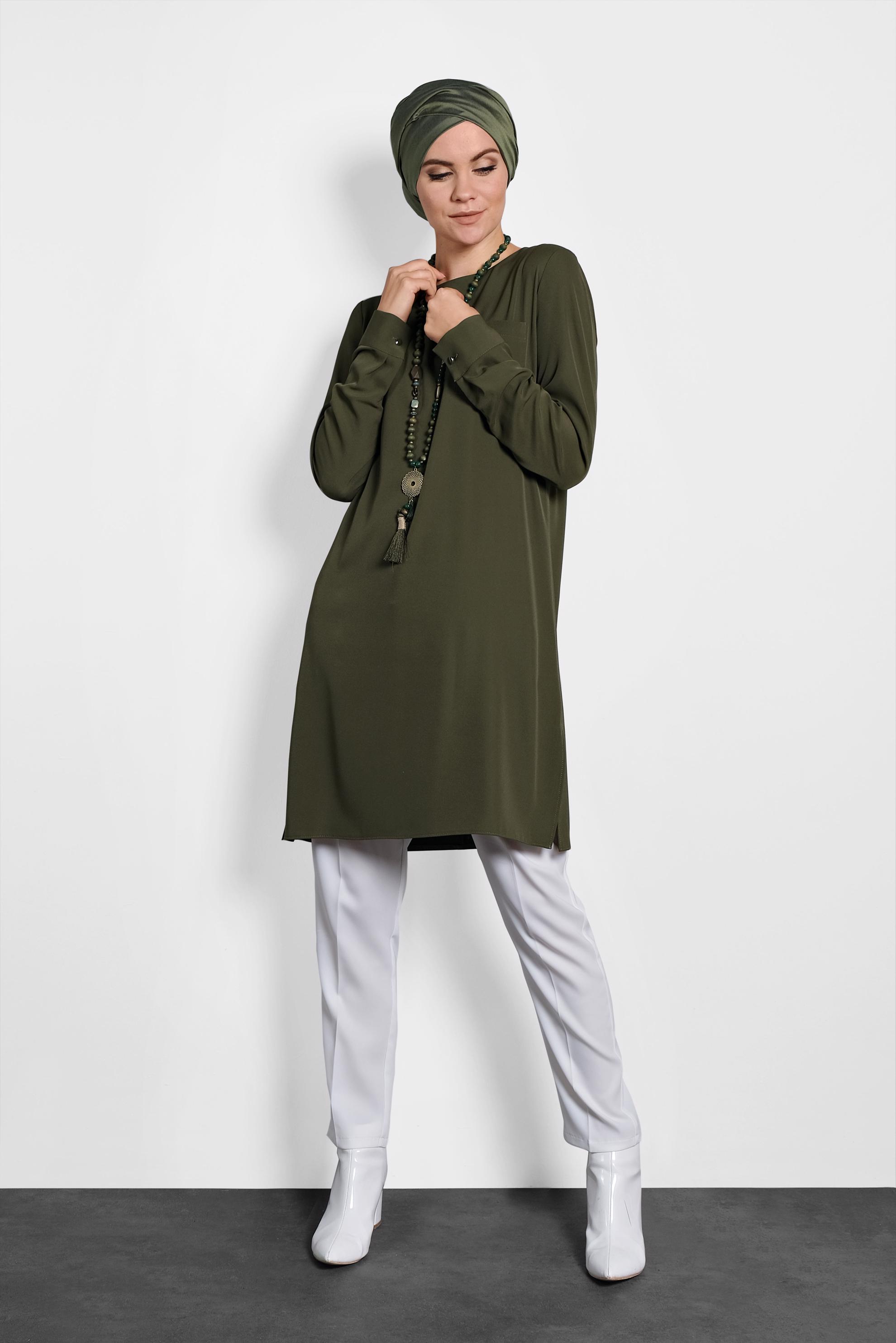 Tesettür giyim HAKİ YANLARI YIRTMAÇLI BASİC  TUNİK 40169