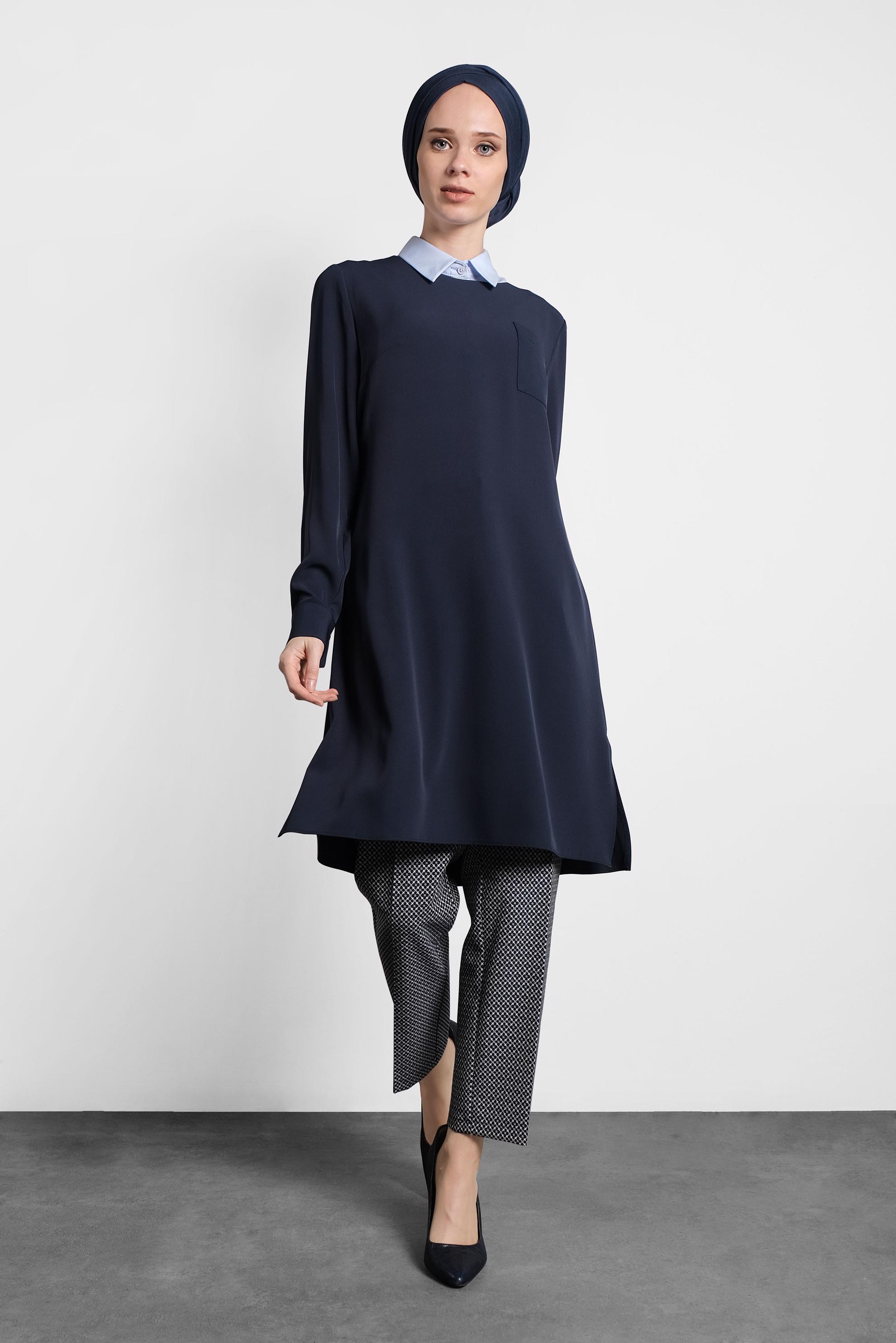 Tesettür giyim LACİVERT YANLARI YIRTMAÇLI BASİC  TUNİK 40169