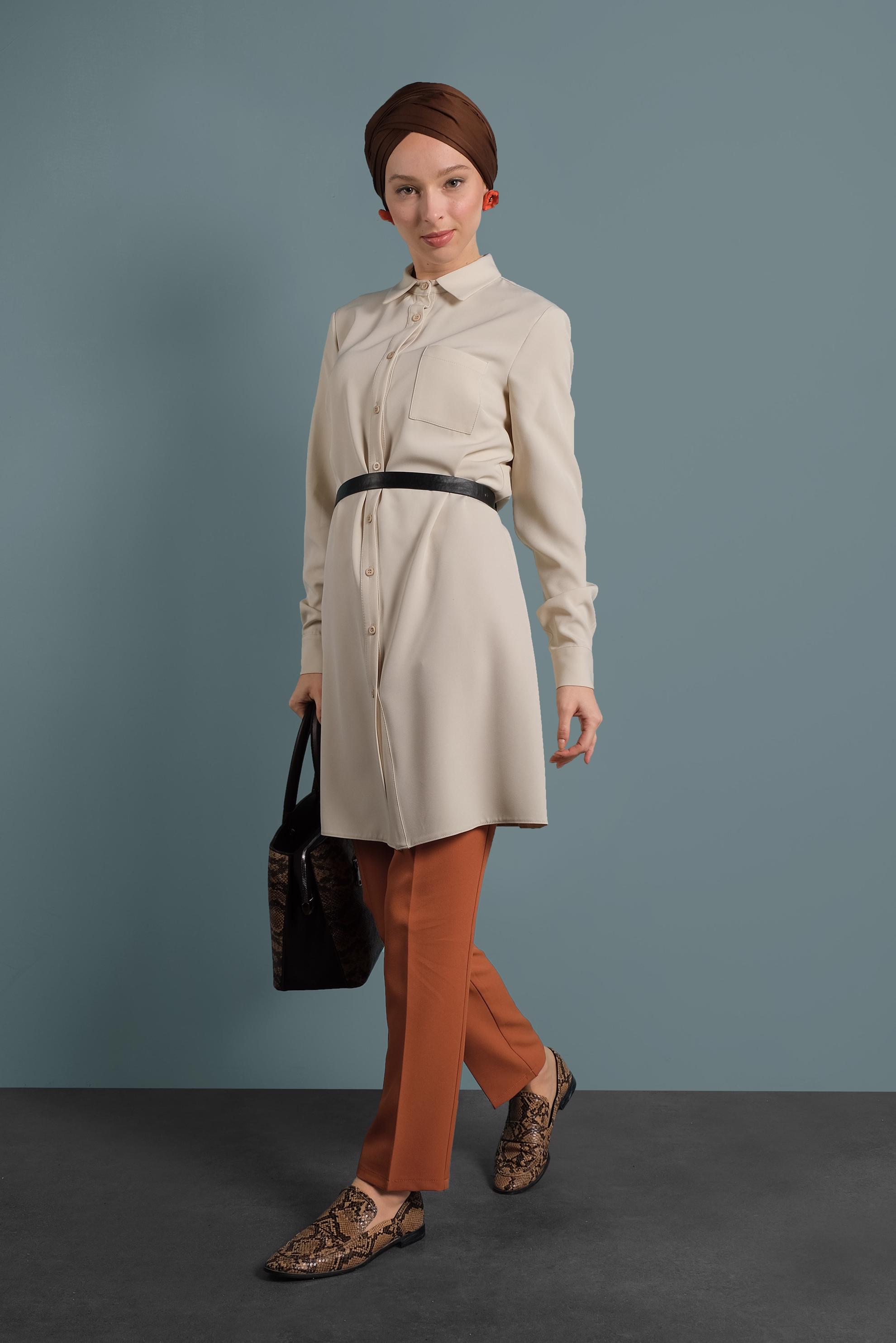 Tesettür giyim BEJ DÜĞMELİ CEPLİ TUNİK 40173 