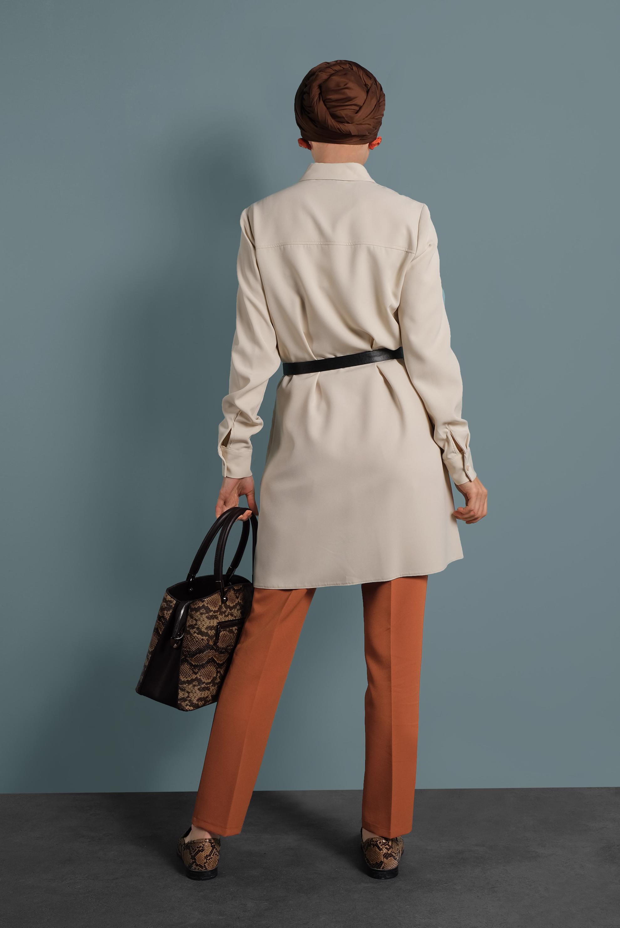 Tesettür giyim BEJ DÜĞMELİ CEPLİ TUNİK 40173 