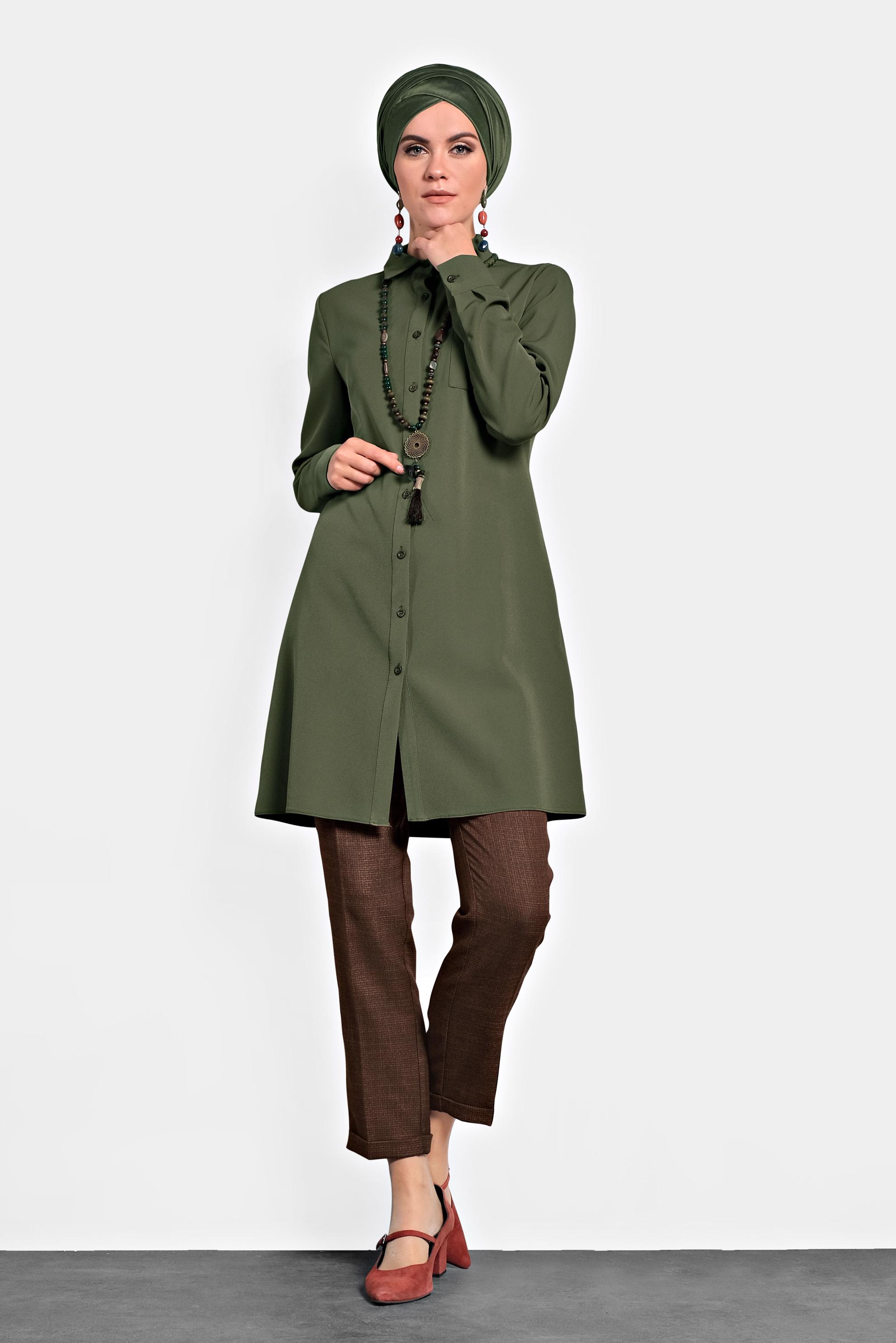 Tesettür giyim HAKİ DÜĞMELİ CEPLİ TUNİK 40173 